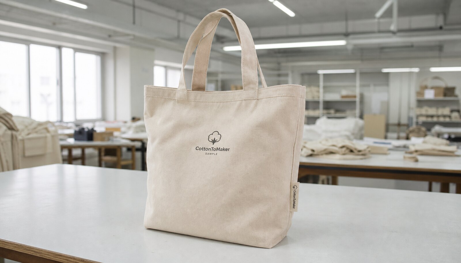 Canvas conference bag sample with CTM CottonToMaker logo printed on the front in a clean factory sample room