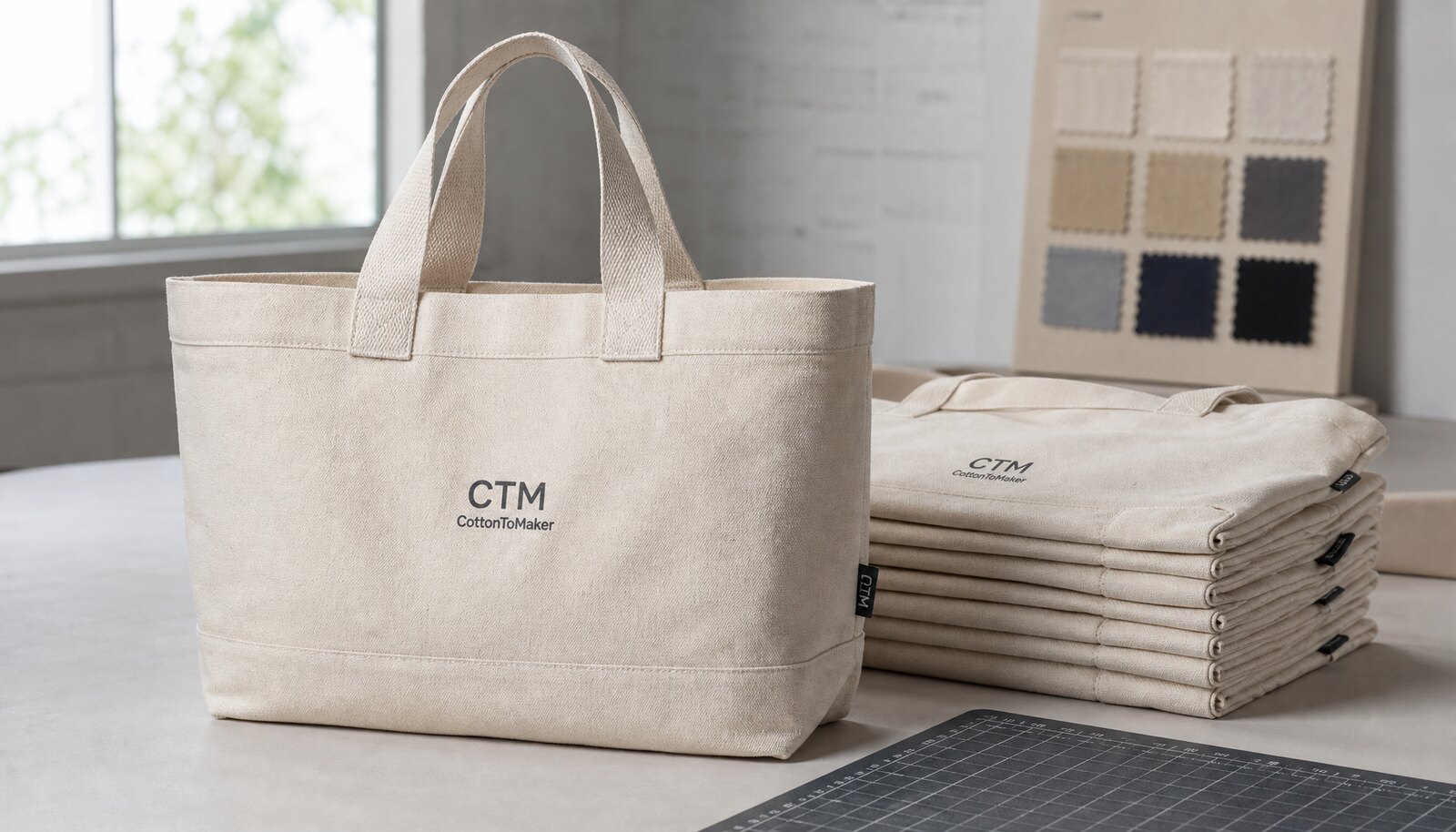 Canvas conference bag with a simple CTM logo printed on the front in a clean factory sample room