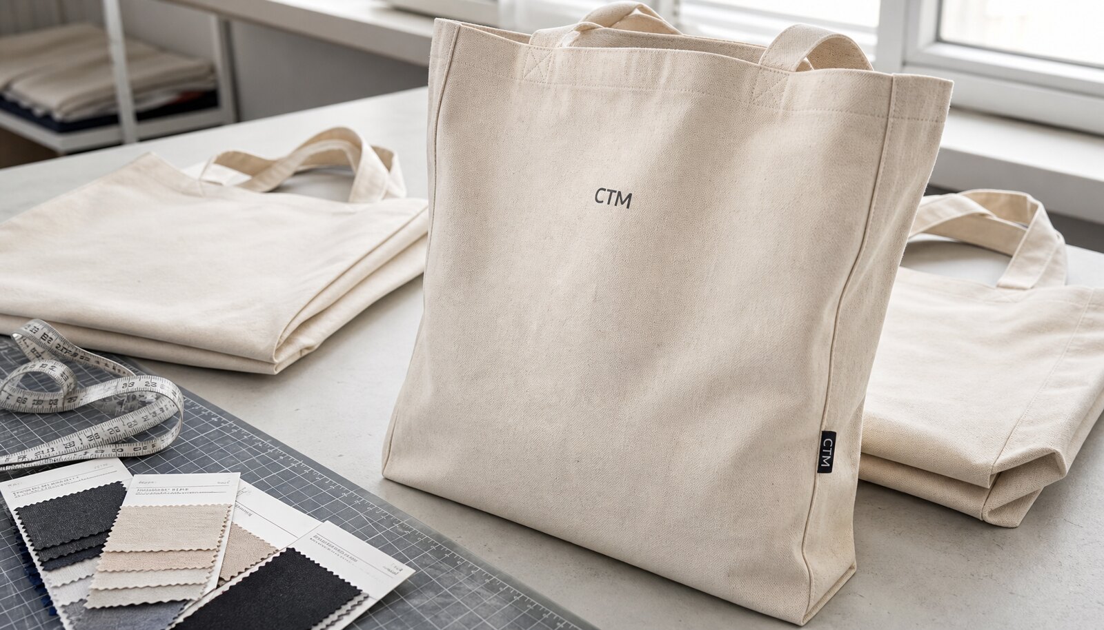 Photorealistic cotton canvas conference bags with a simple CTM sample logo printed on the bag in a factory sample room
