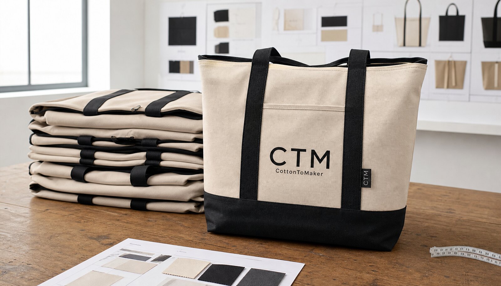 Photorealistic canvas conference bag sample with CTM logo in a factory sample room