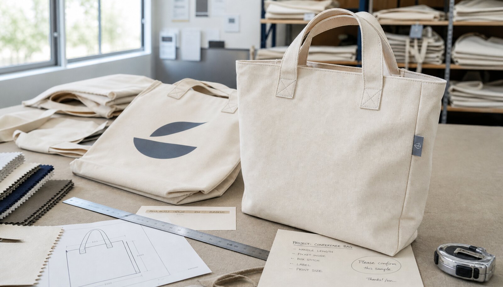 Canvas conference bags with a woven side label and printed logo in a factory sample room