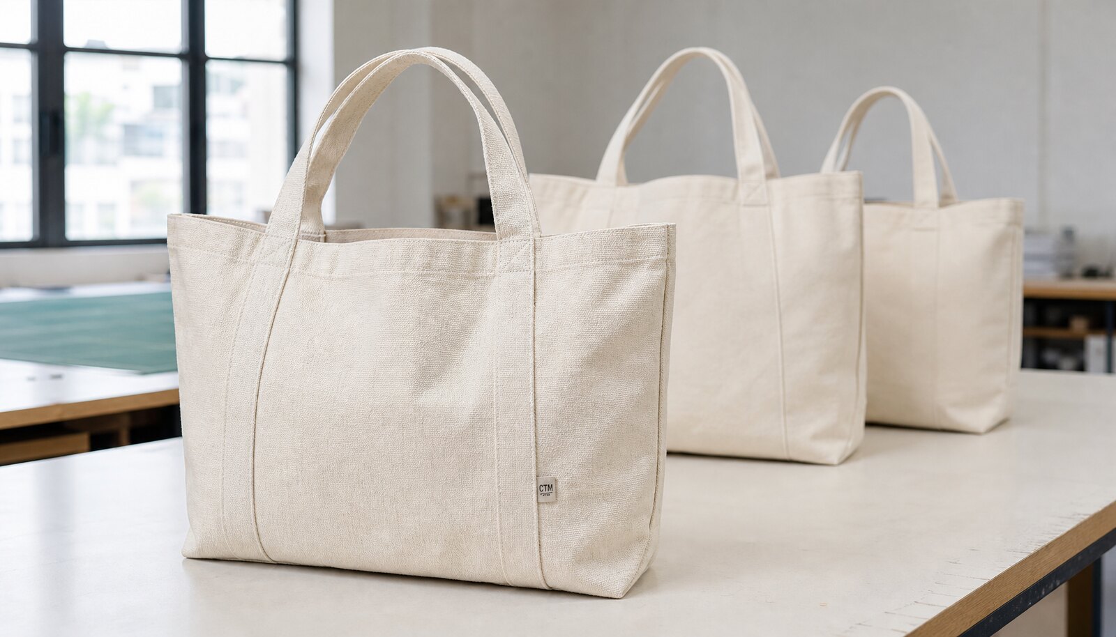 Natural canvas conference bags with a small CTM side label in a factory sample room.