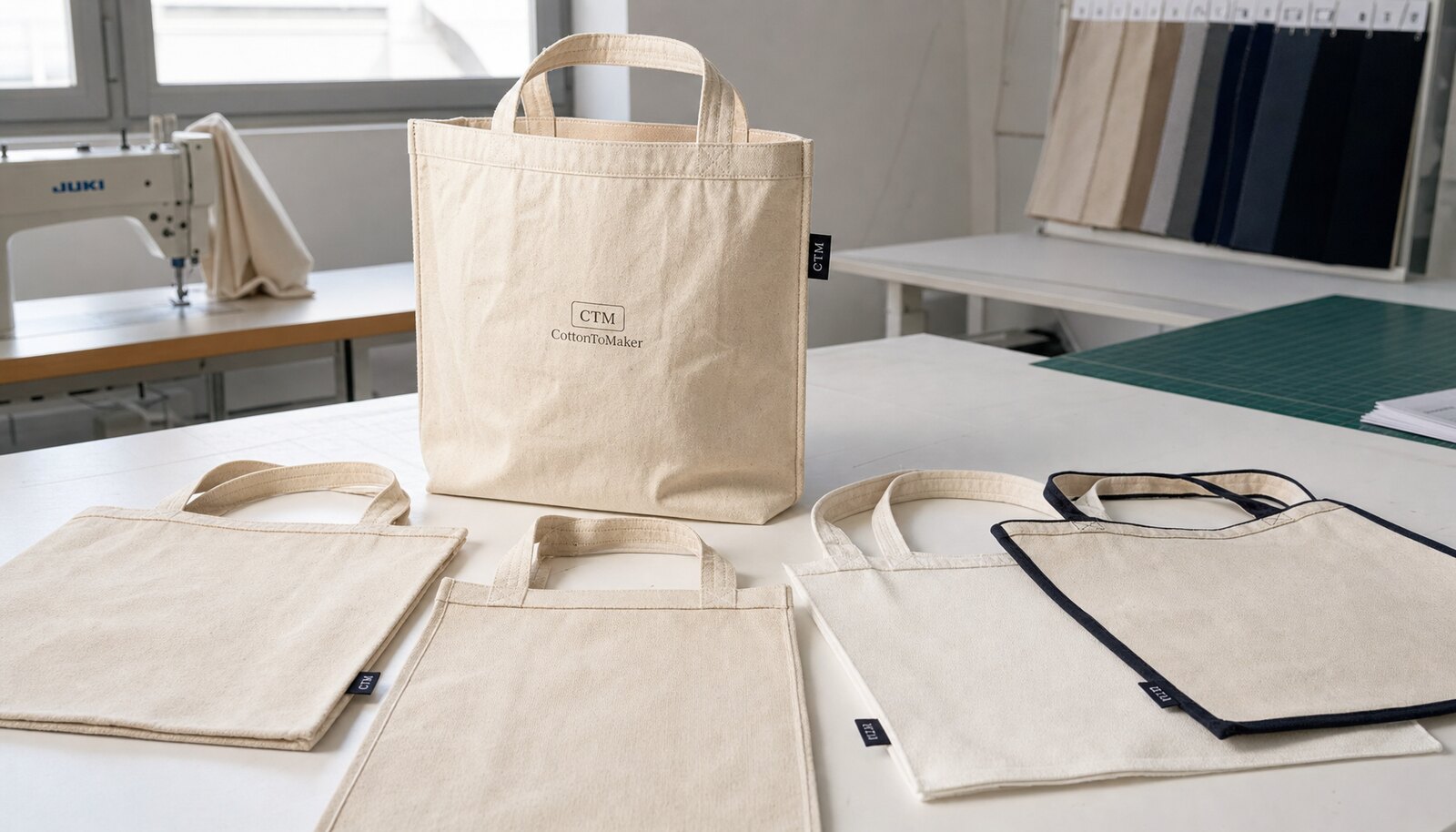 Natural canvas conference bags with a simple CTM sample logo shown in a factory sample room