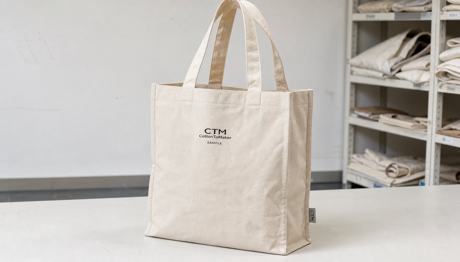 Canvas conference tote with a simple CTM sample logo shown in a factory sample room