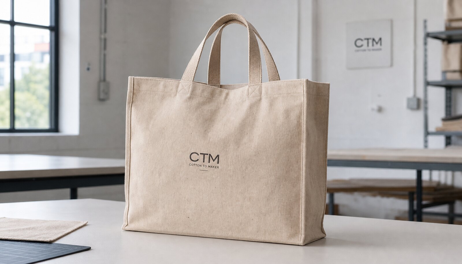 Natural canvas conference bag with a simple CTM/CottonToMaker logo printed directly on the front panel in a factory sample room