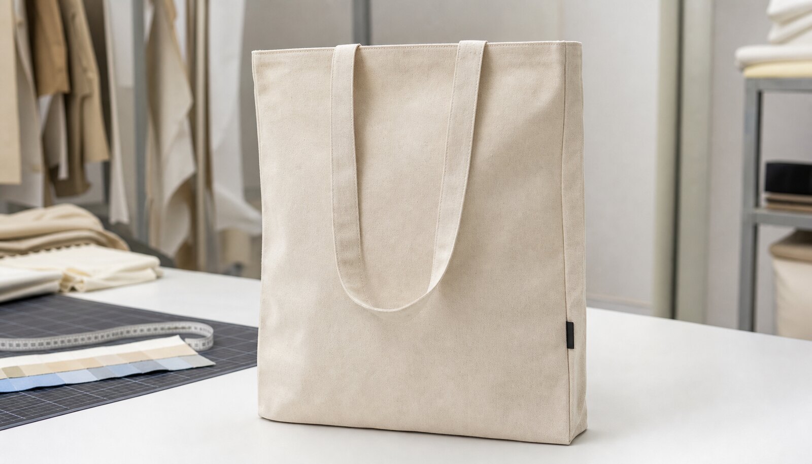 Canvas conference bag with a sewn CTM/CottonToMaker side label photographed in a clean factory sample room