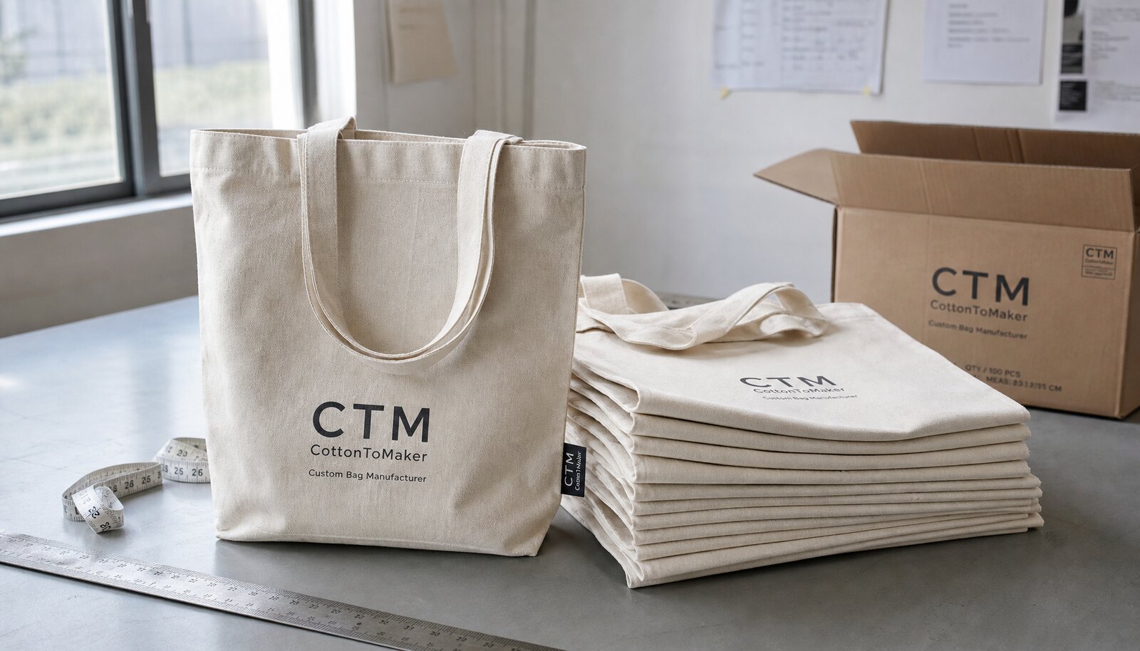 Canvas conference tote bag sample with a small CTM side label, shown in a factory sample room with realistic stitching and carton-planning context.