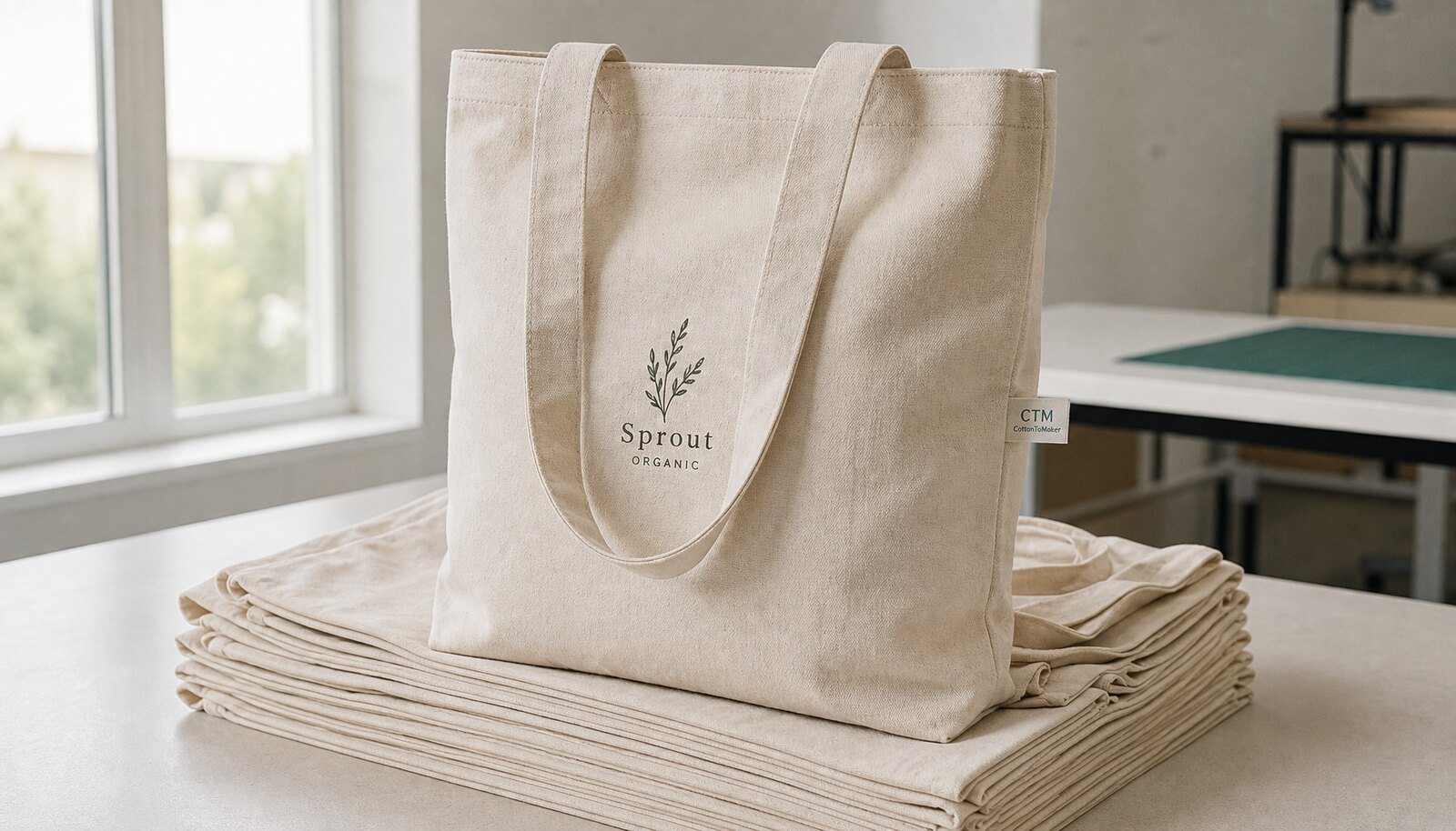 Natural canvas conference bags with a small CTM/CottonToMaker label shown in a clean factory sample room