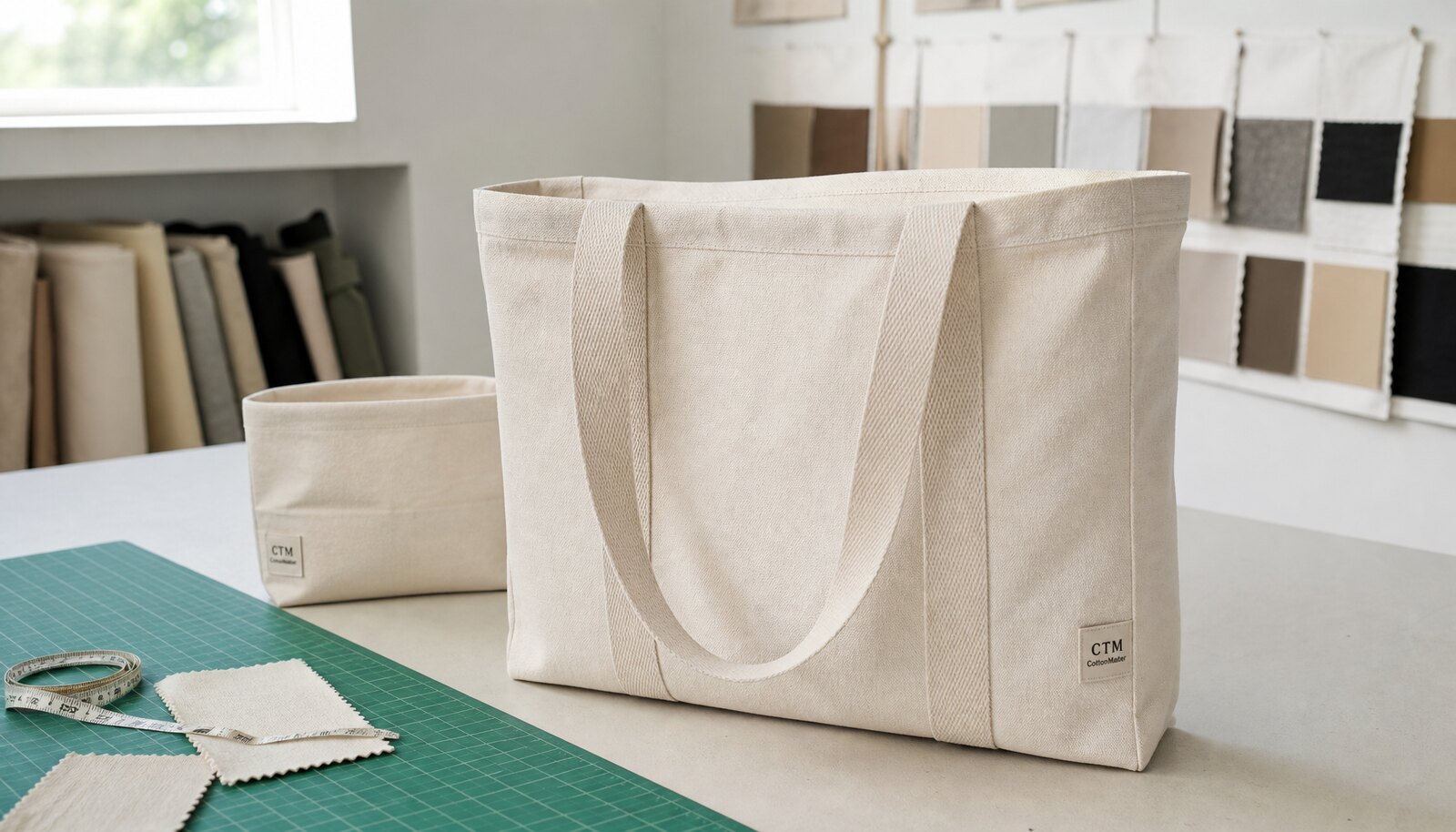 Canvas conference bag sample with a woven CTM side label in a factory sample room.