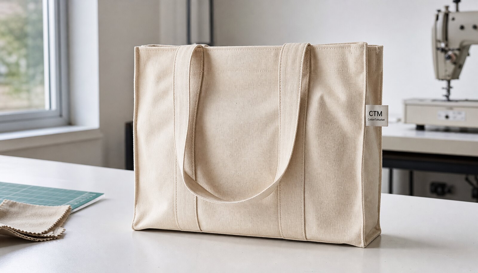 Natural canvas conference bag with a visible CTM CottonToMaker side label in a clean factory sample room.