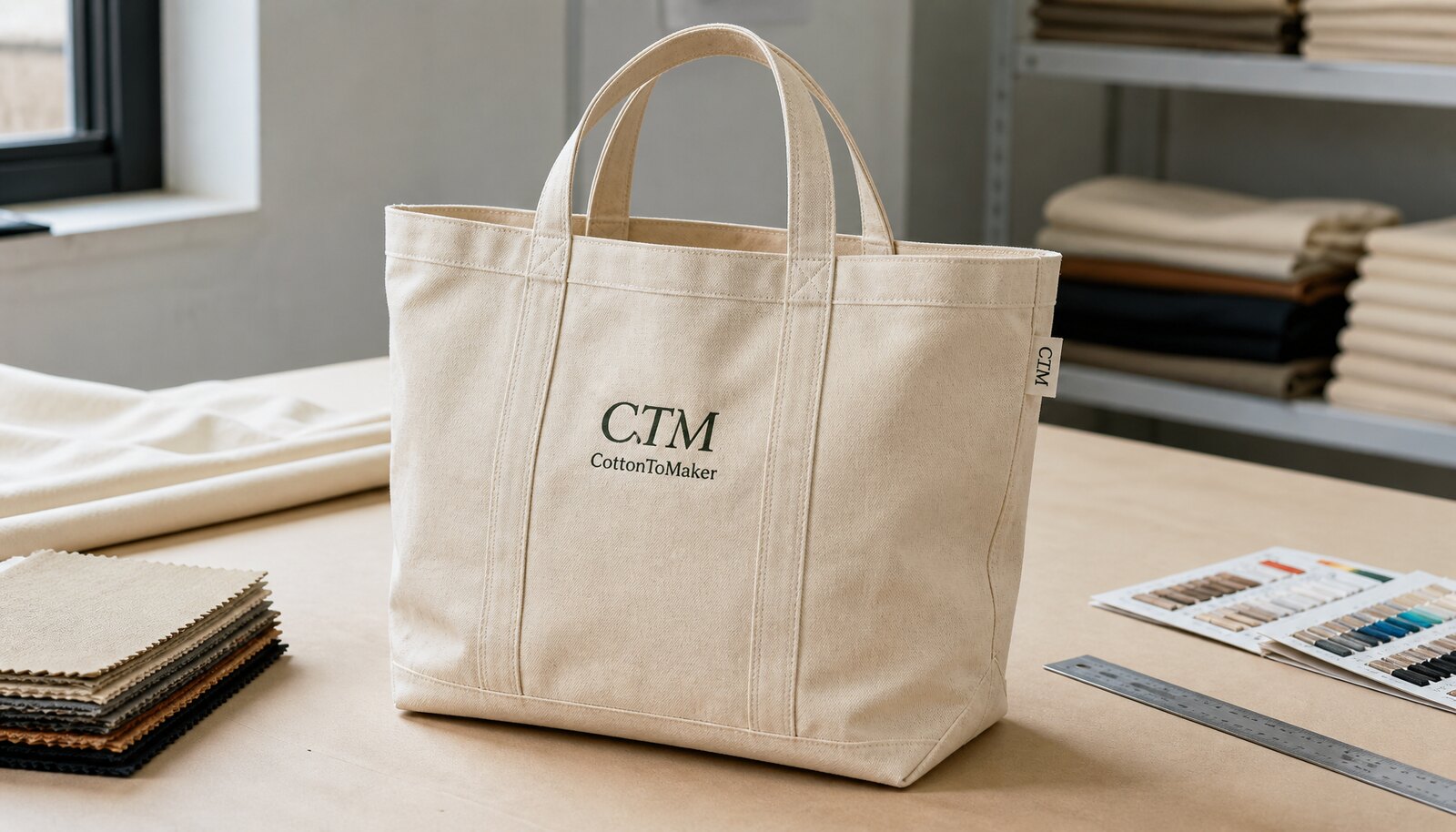Natural canvas conference tote with a simple CTM sample logo, shown in a clean factory sample room.