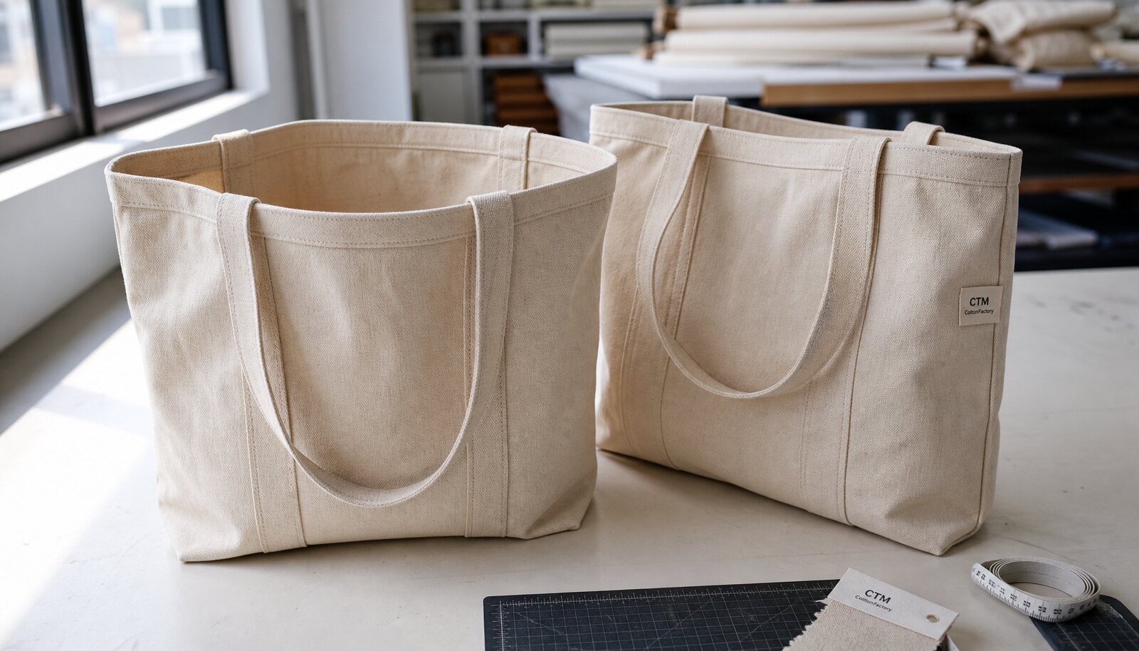 Photorealistic canvas conference bags with a CTM CottonToMaker sample mark in a factory sample room