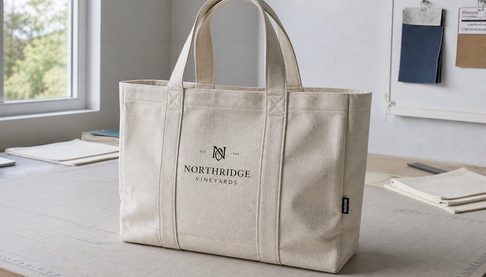 Photorealistic natural canvas conference tote bag with a stitched CTM sample label in a factory sample room.