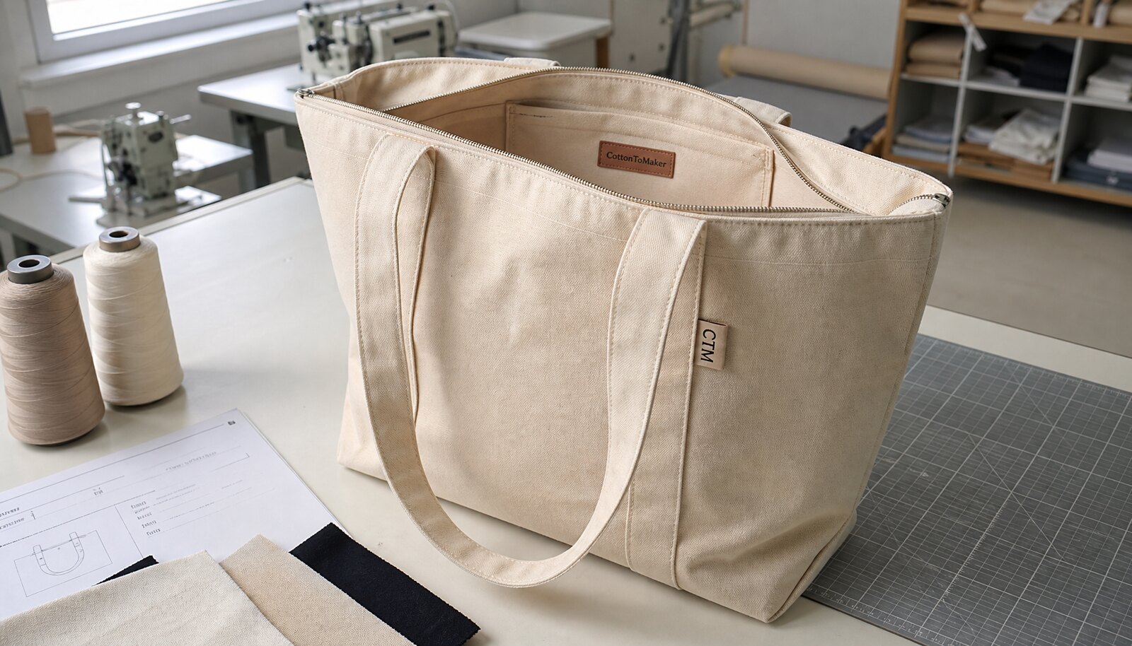 Photorealistic canvas conference bag sample with a CTM/CottonToMaker side label in a factory sample room.
