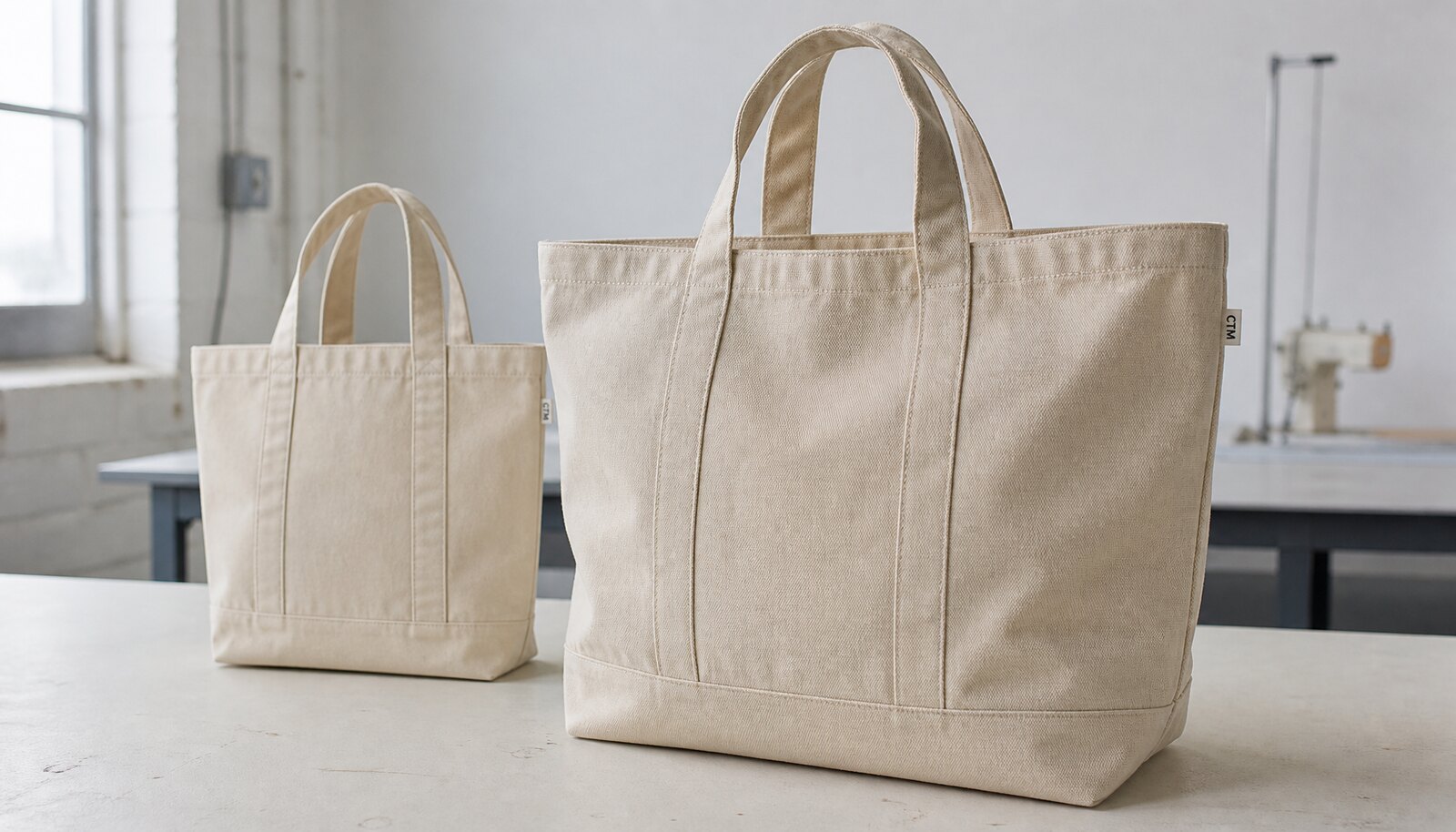 Natural canvas conference tote with a simple CTM sample logo printed on the bag in a clean factory sample room