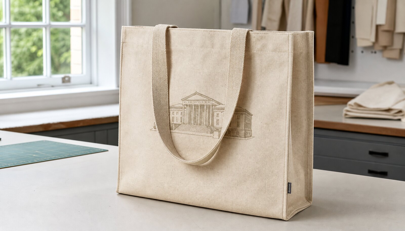 Natural canvas conference bag with CTM CottonToMaker side label in a clean factory sample room