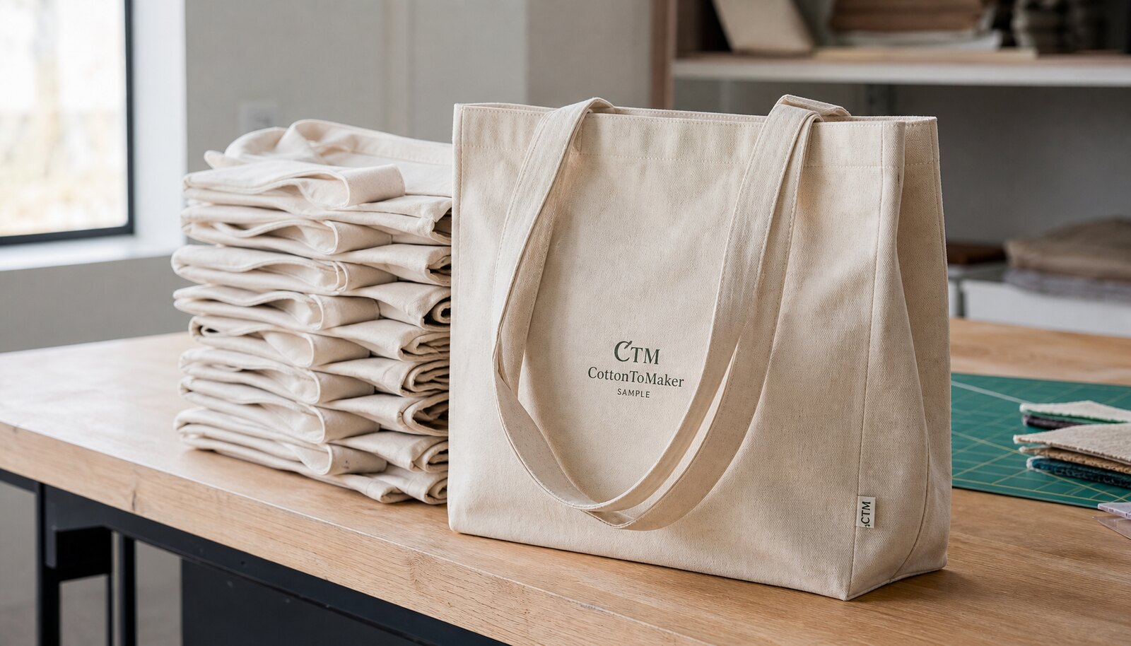 Photorealistic canvas conference bag with a simple CTM logo in a factory sample room