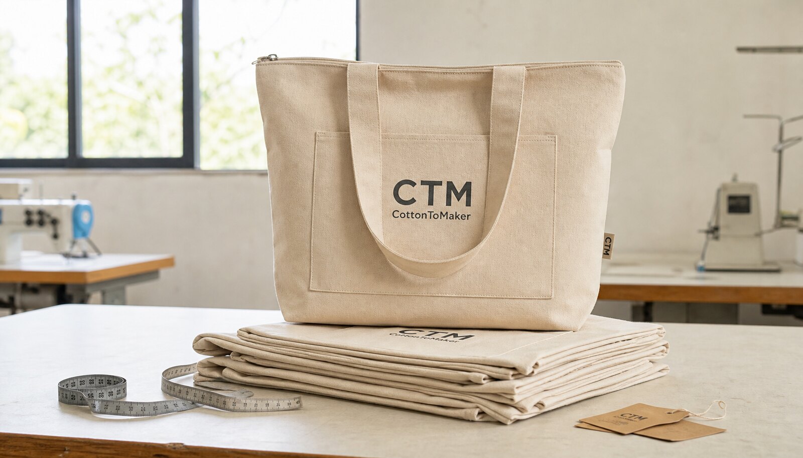 CottonToMaker canvas conference tote sample with CTM logo in a factory sample room