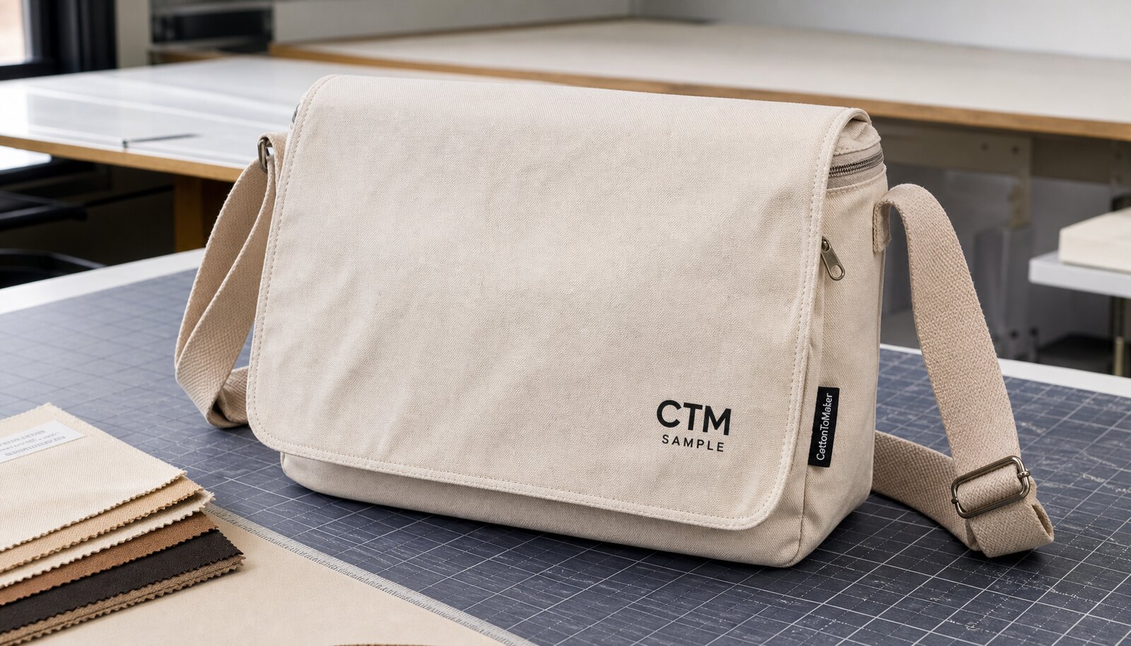 Natural canvas crossbody bag sample with CTM printed logo and CottonToMaker side label