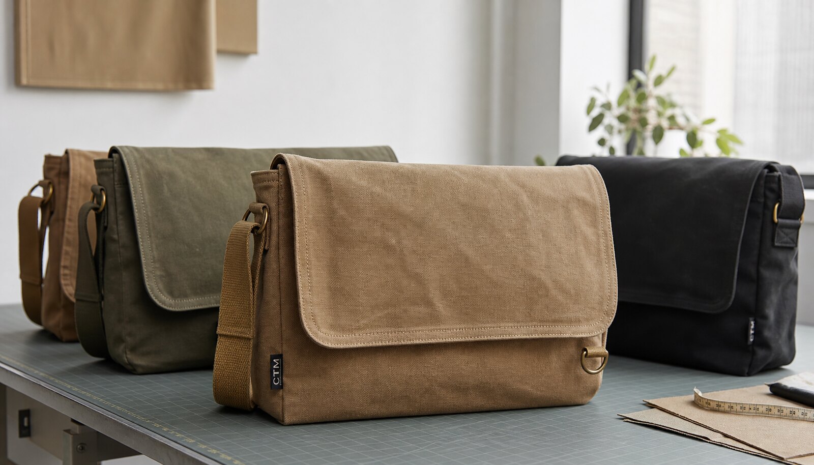 Canvas crossbody messenger bags with a small CTM/CottonToMaker woven side label in a clean factory sample room