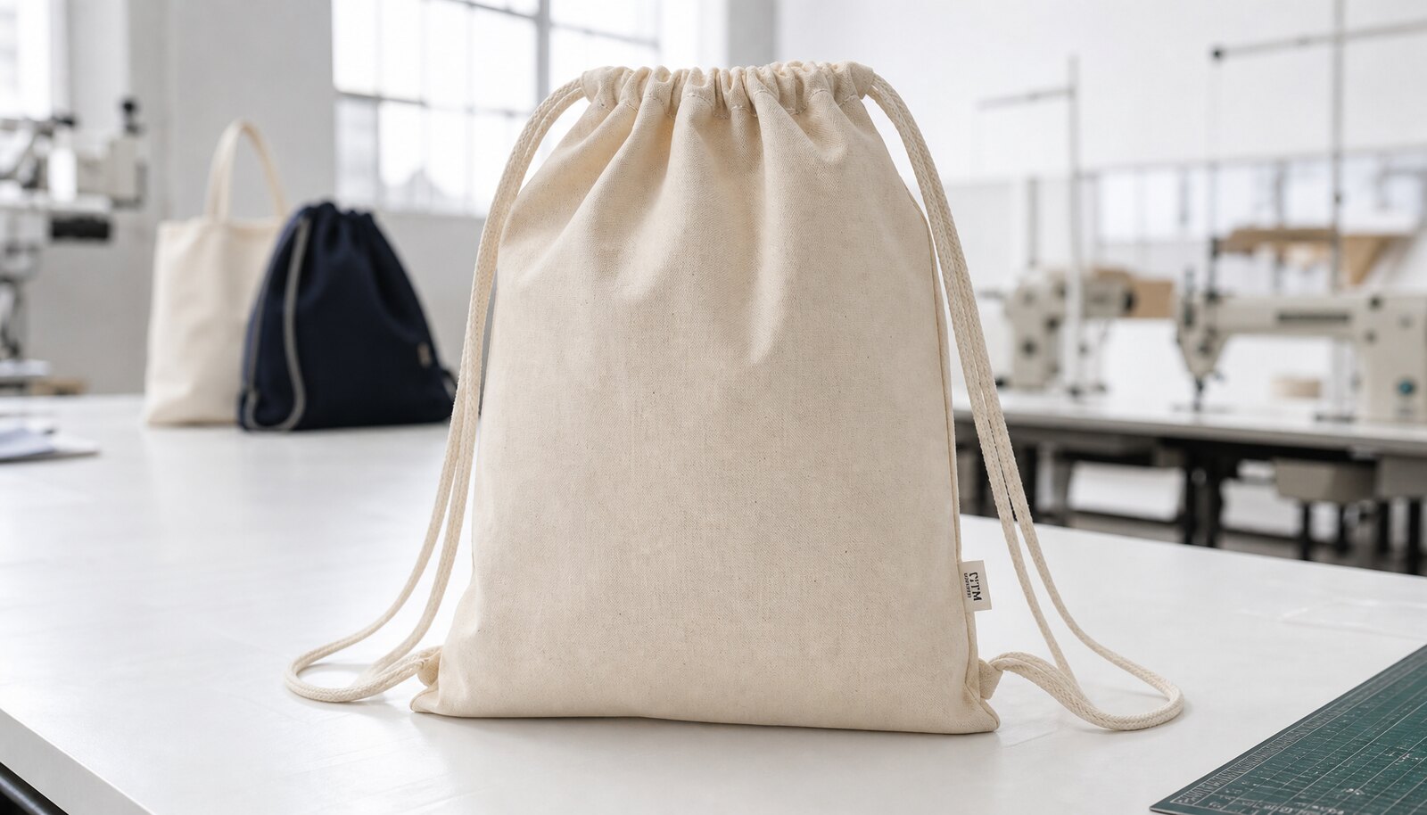 Natural canvas drawstring backpack for corporate gifts with a sewn CottonToMaker side label in a factory sample room