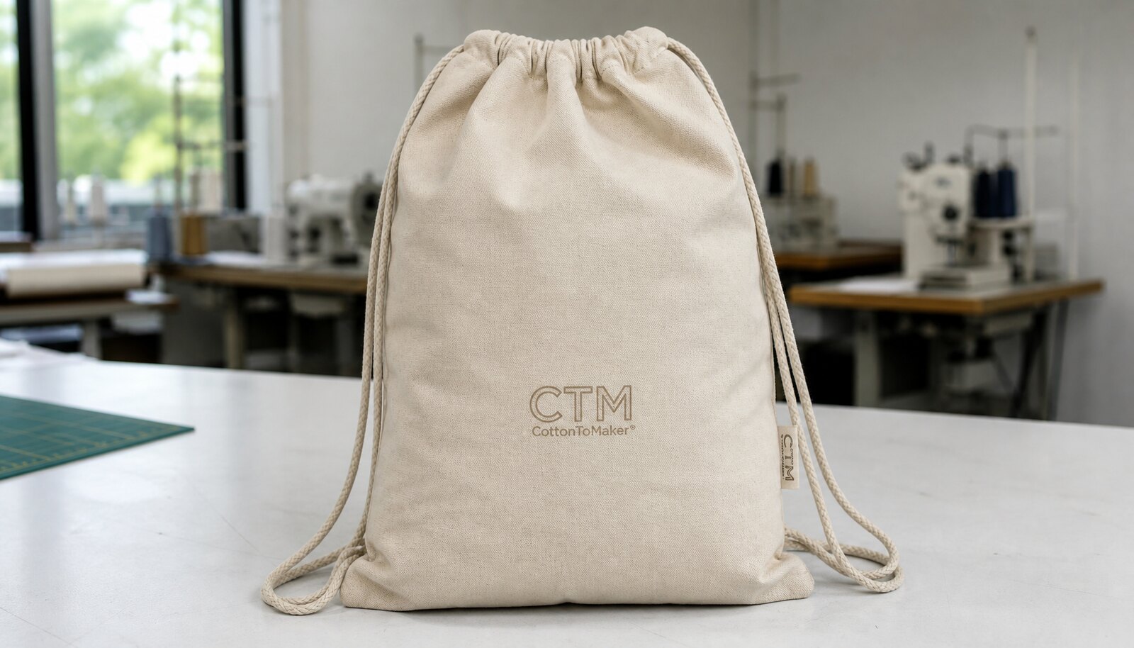 Natural canvas drawstring backpack with a small CTM sample logo sewn on the side label in a factory sample room