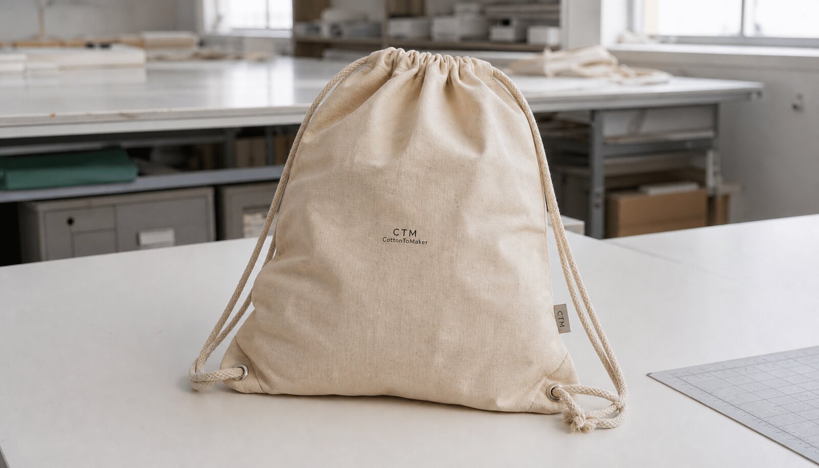 Natural canvas drawstring backpack with a small CTM sample logo printed on the front in a factory sample room