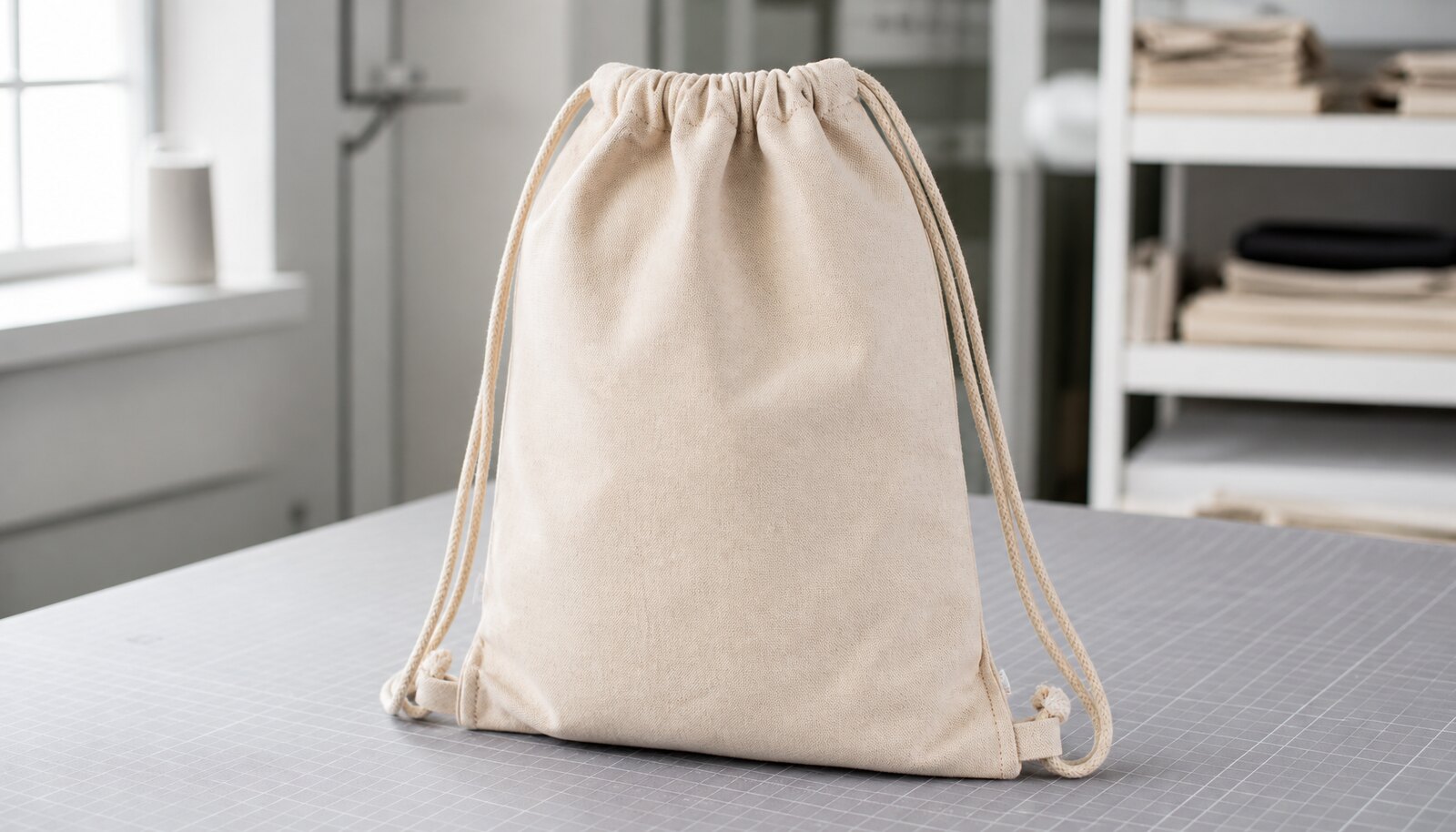 Natural canvas drawstring backpack sample with a small CTM/CottonToMaker logo in a clean factory sample room