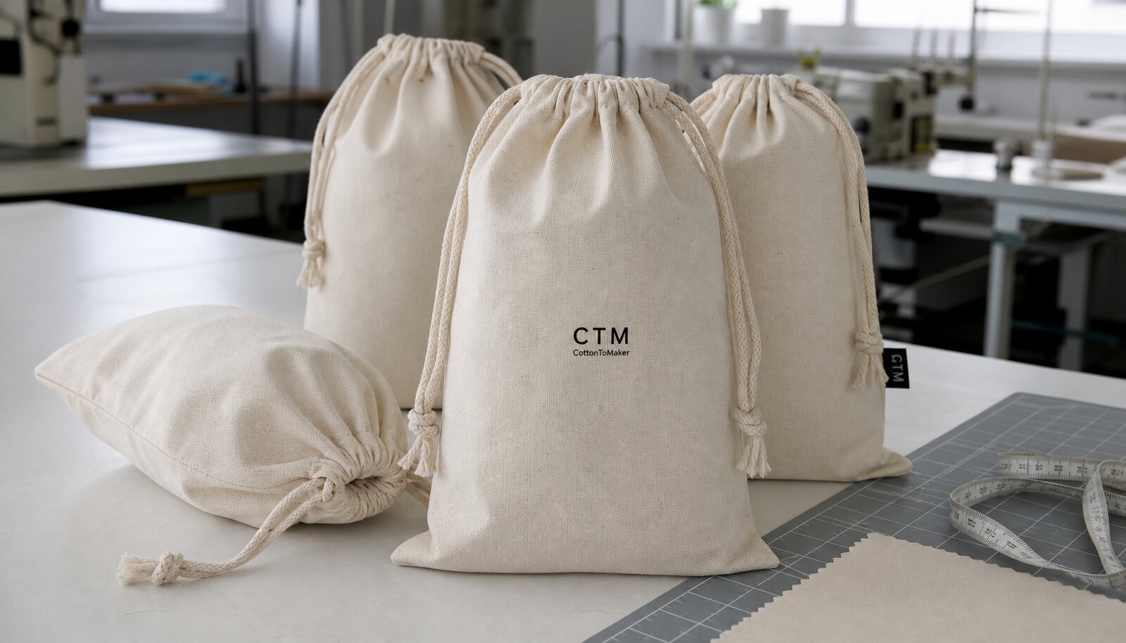 Photorealistic canvas drawstring pouches with a simple CTM logo printed on the product in a factory sample room.