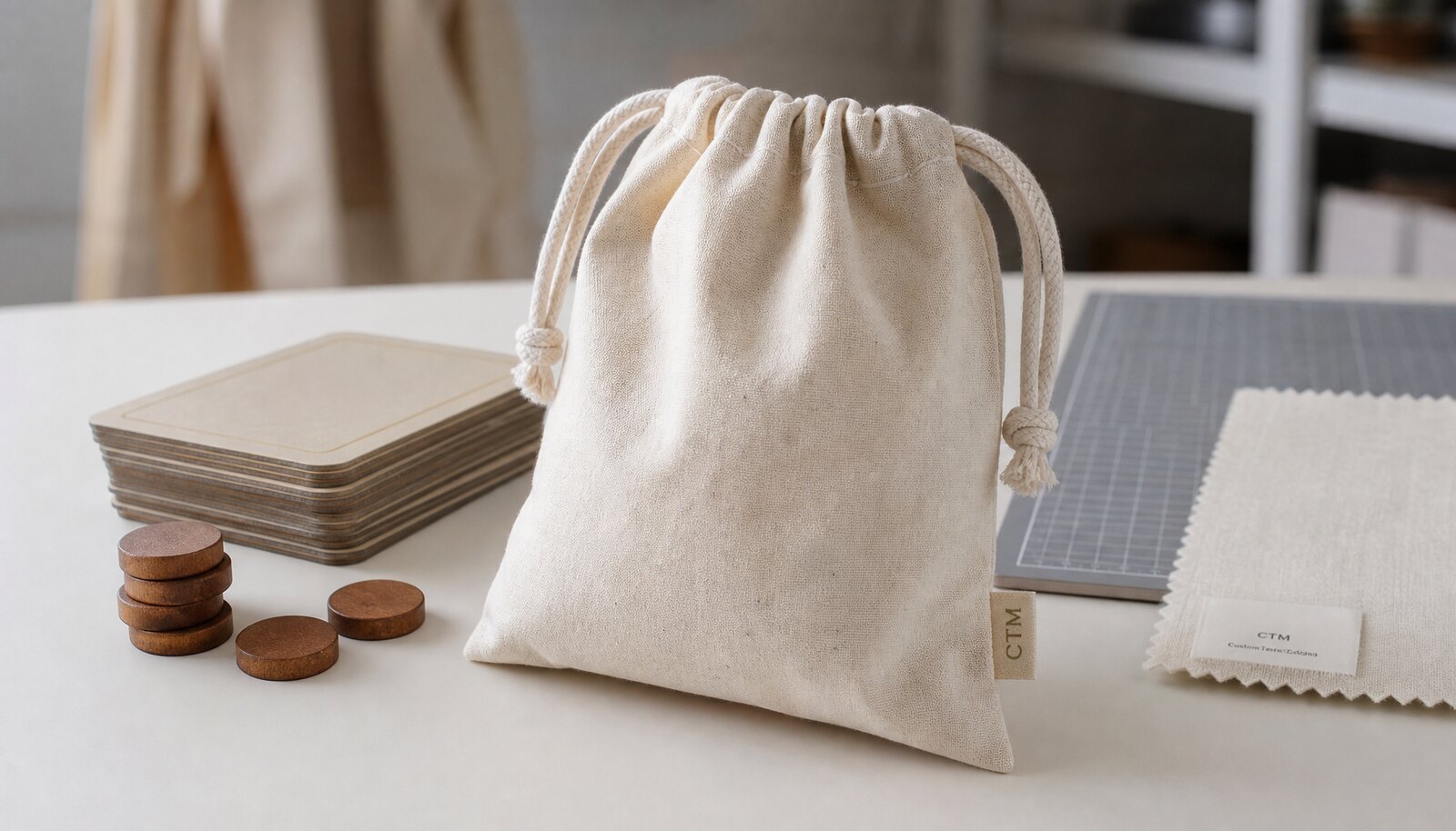 Natural canvas drawstring pouch with a simple CTM sample logo in a factory sample room