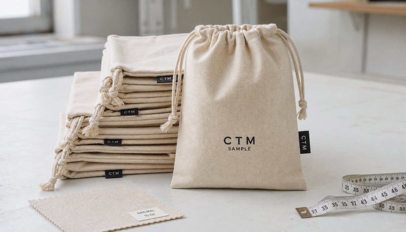 Natural canvas drawstring pouches with a CTM sample logo in a factory sample room