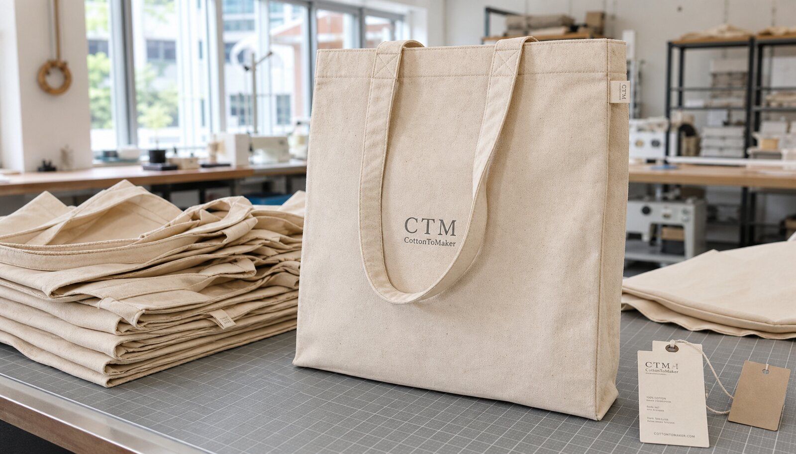 Photorealistic canvas exhibition tote bag with a simple CTM CottonToMaker logo in a factory sample room
