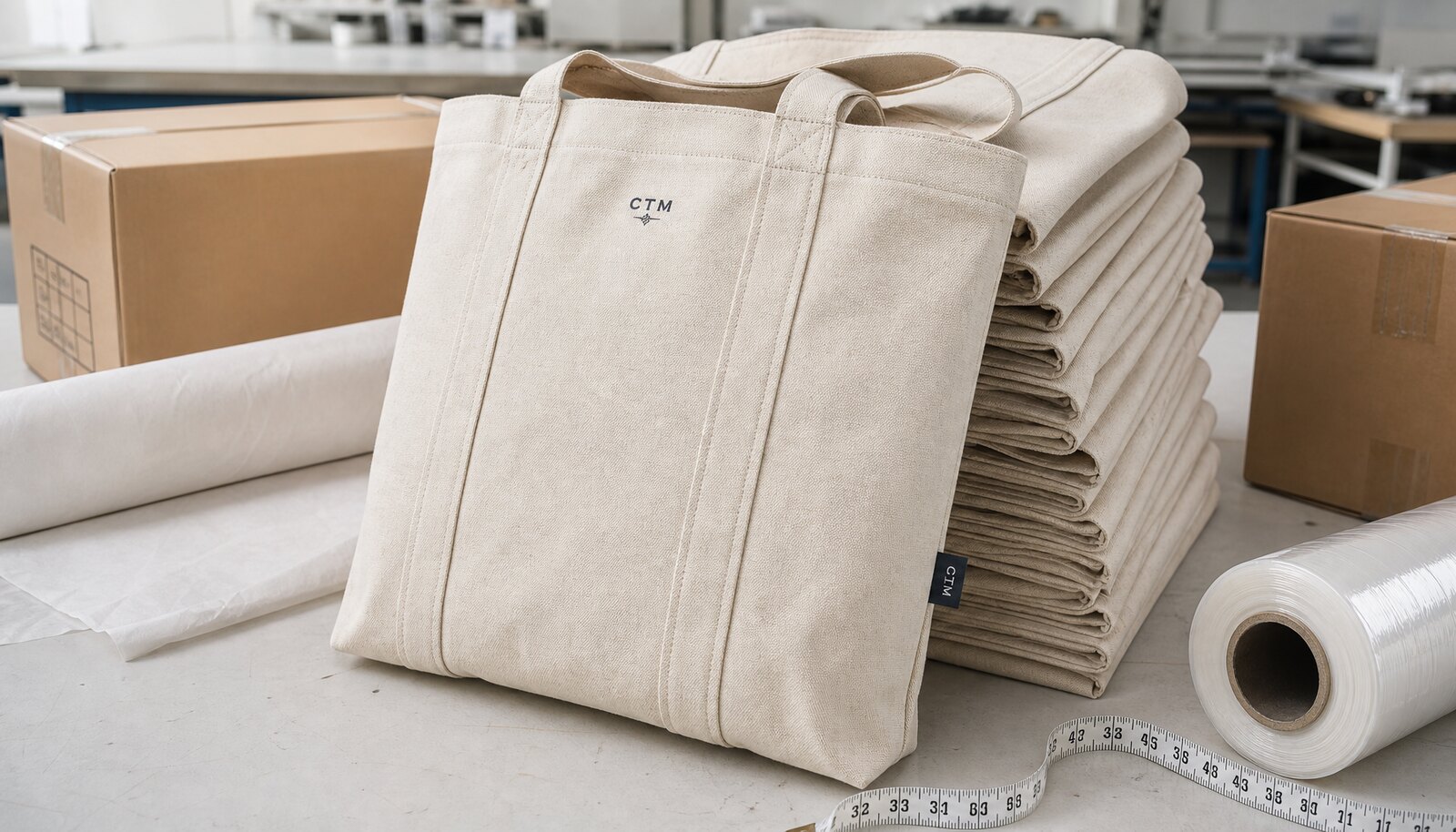 Canvas exhibition tote bags with a sample logo in a factory sample room beside packing cartons, pallet wrap, and measuring tools