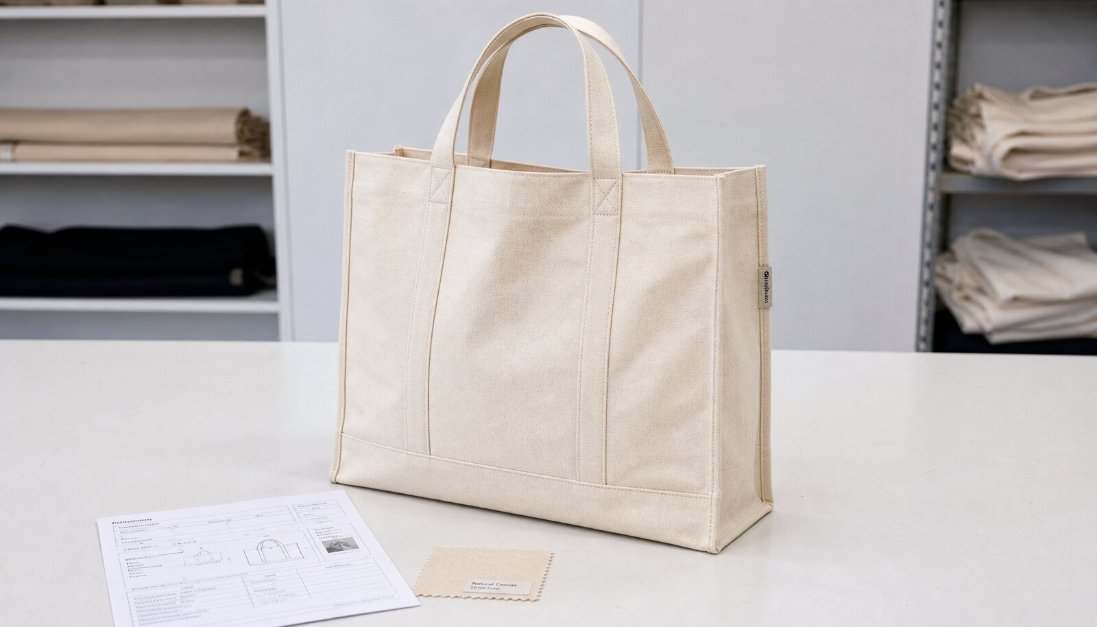 Natural canvas exhibition tote bag with a small CTM sample logo in a clean factory sample room.