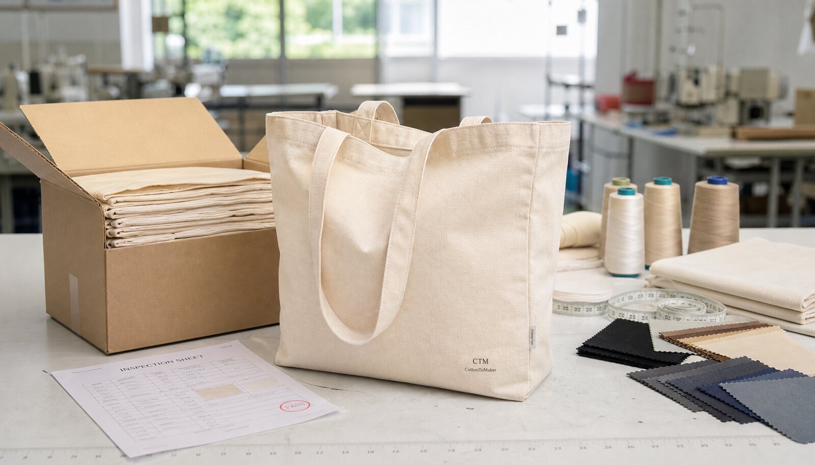Natural canvas exhibition tote bag with a small CTM CottonToMaker logo printed on the front, beside sample materials and flat-packed cartons in a clean sample room
