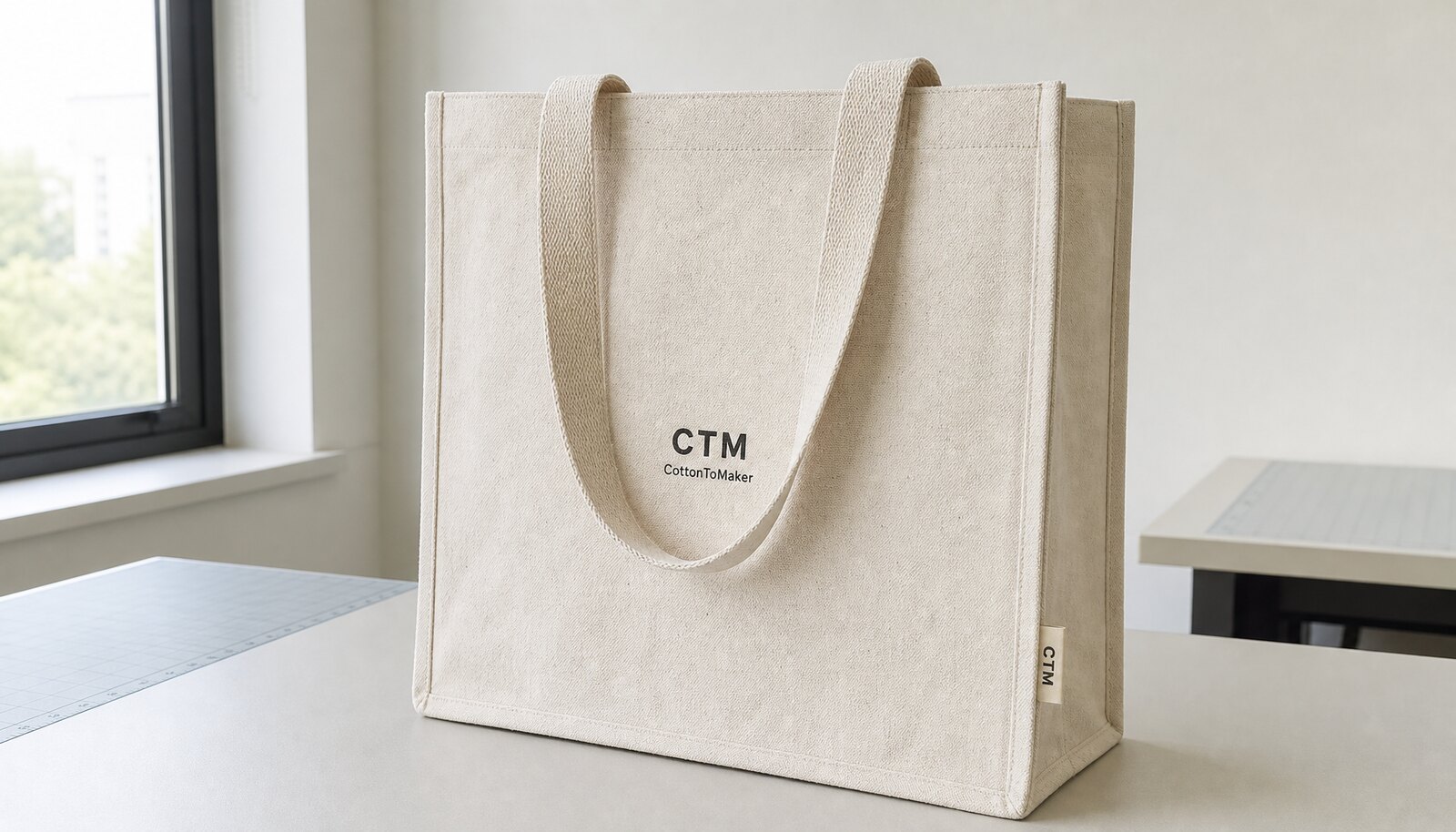 A natural canvas exhibition tote bag with a simple CTM/CottonToMaker logo printed on the front, shown in a clean factory sample room with visible stitching and handles.
