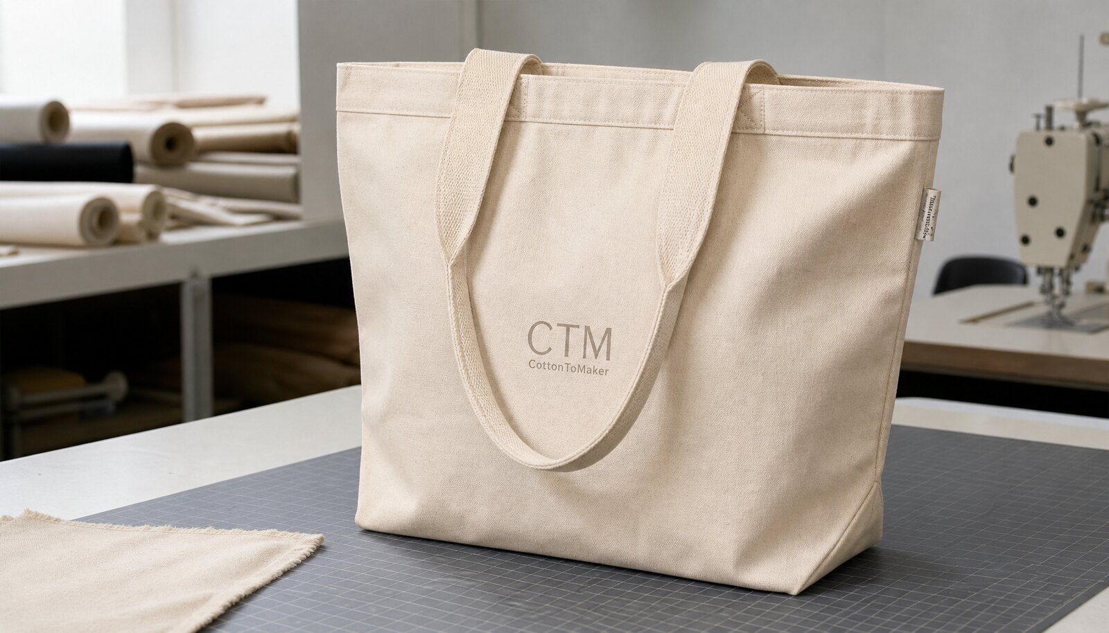 Natural canvas exhibition tote bag with a simple CTM logo printed on the front and a woven side label in a clean sample room.