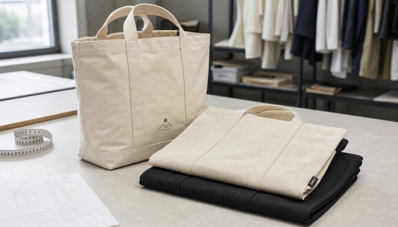 Canvas exhibition tote bags with reinforced stitching, sample logo printing, and visible canvas texture in a textile sampling room