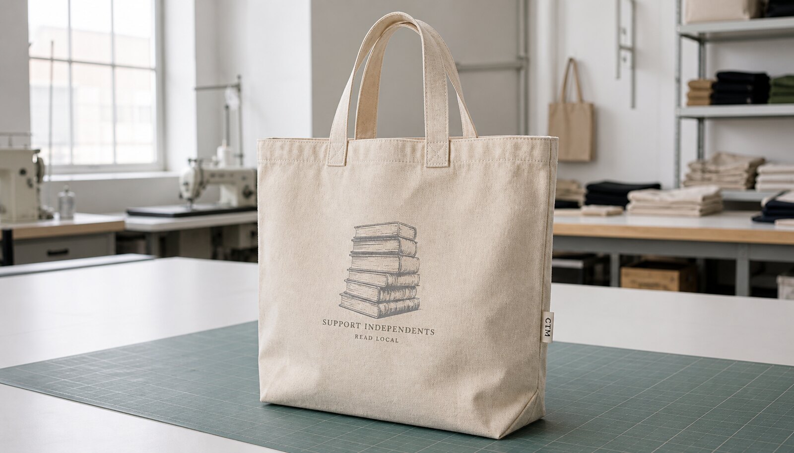 Natural canvas tote bag with a visible CTM sample label in a clean factory sample room