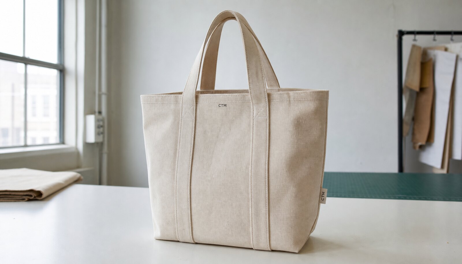 Natural canvas exhibition tote bag for bookstores with a small CTM logo printed on the bag in a clean studio setting