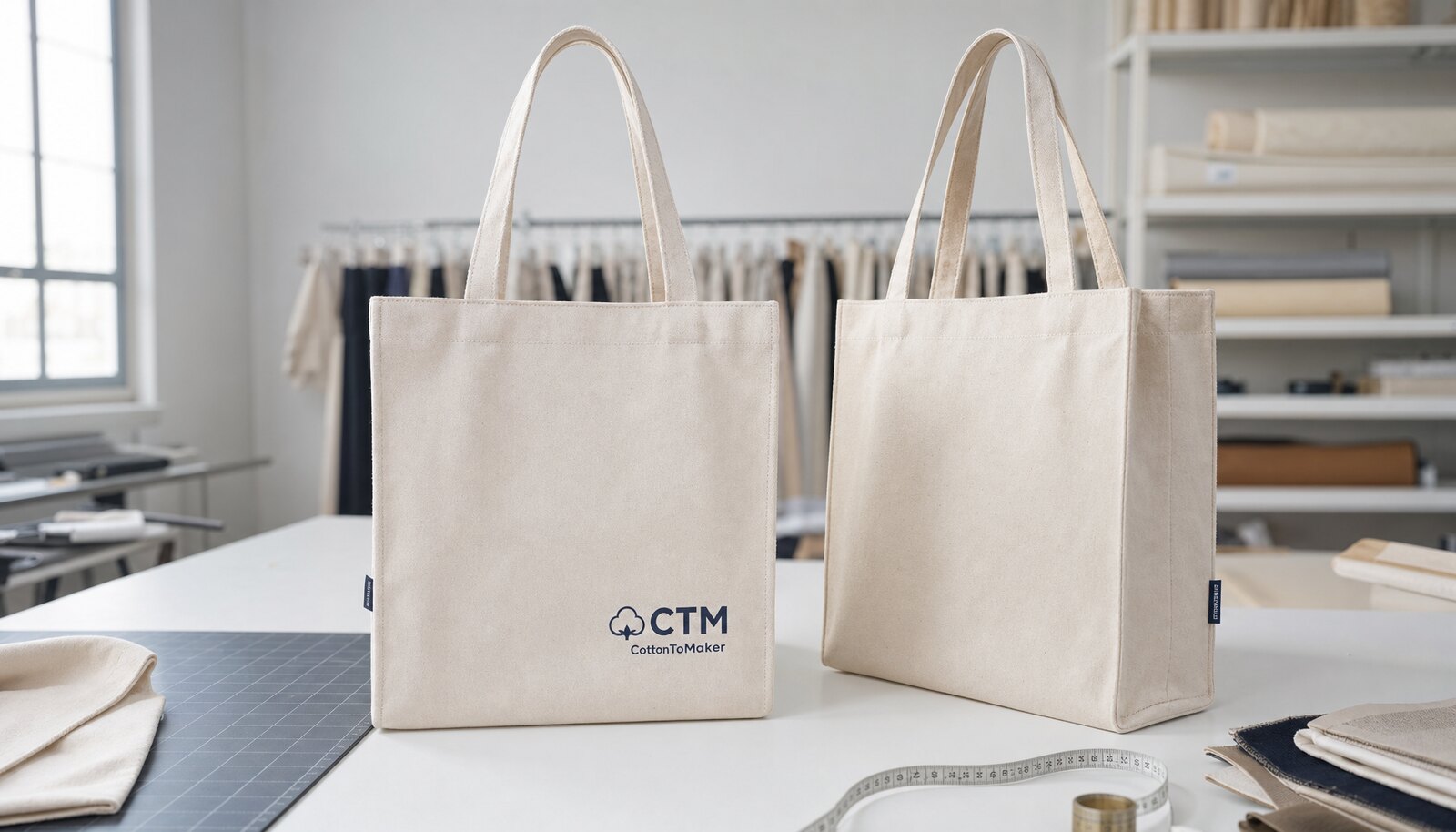 Natural canvas exhibition tote bags with a small CTM/CottonToMaker logo printed on the front in a clean sample room.