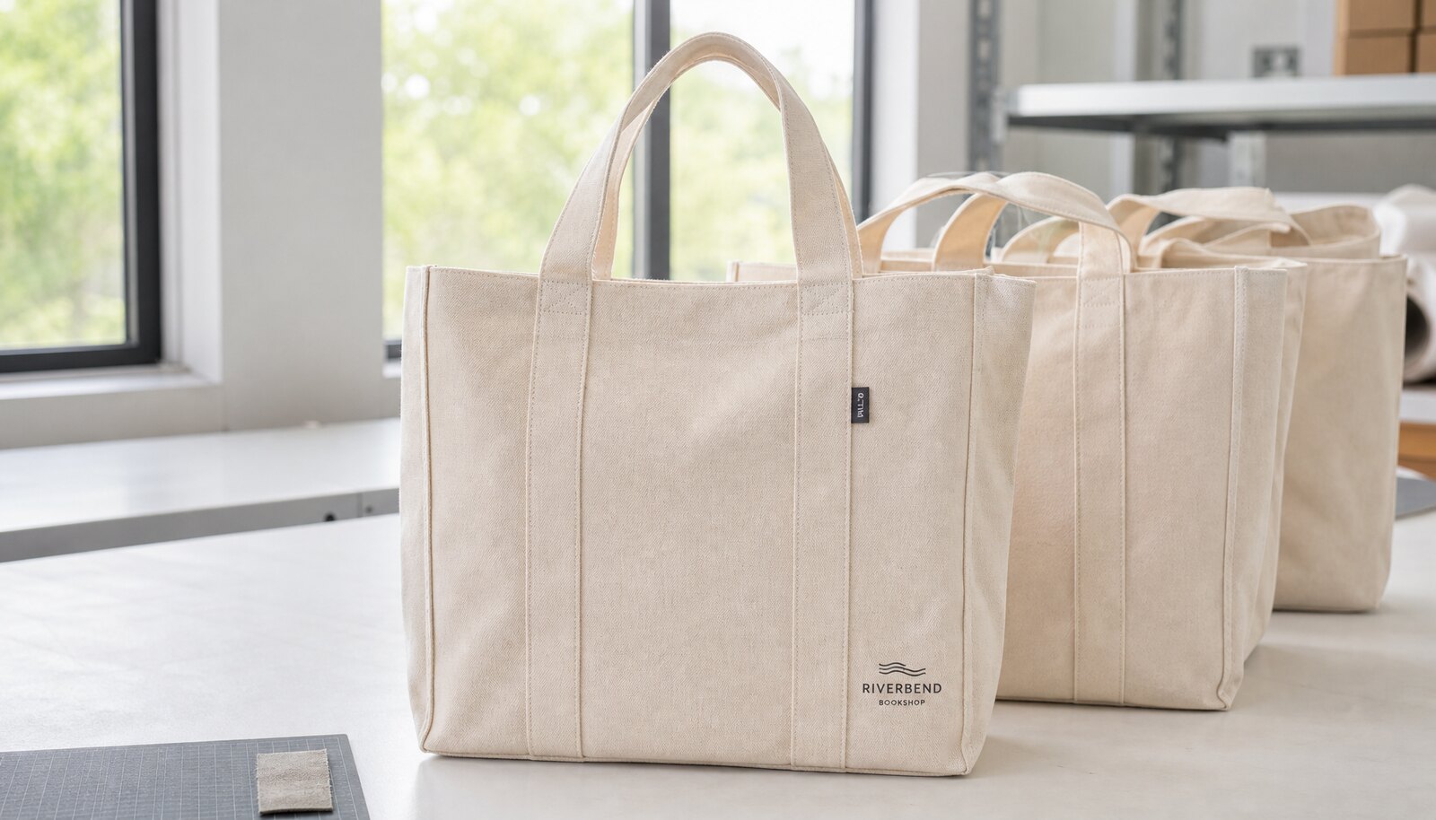 Natural canvas exhibition tote bags with a small CTM/CottonToMaker logo shown in a clean factory sample room.