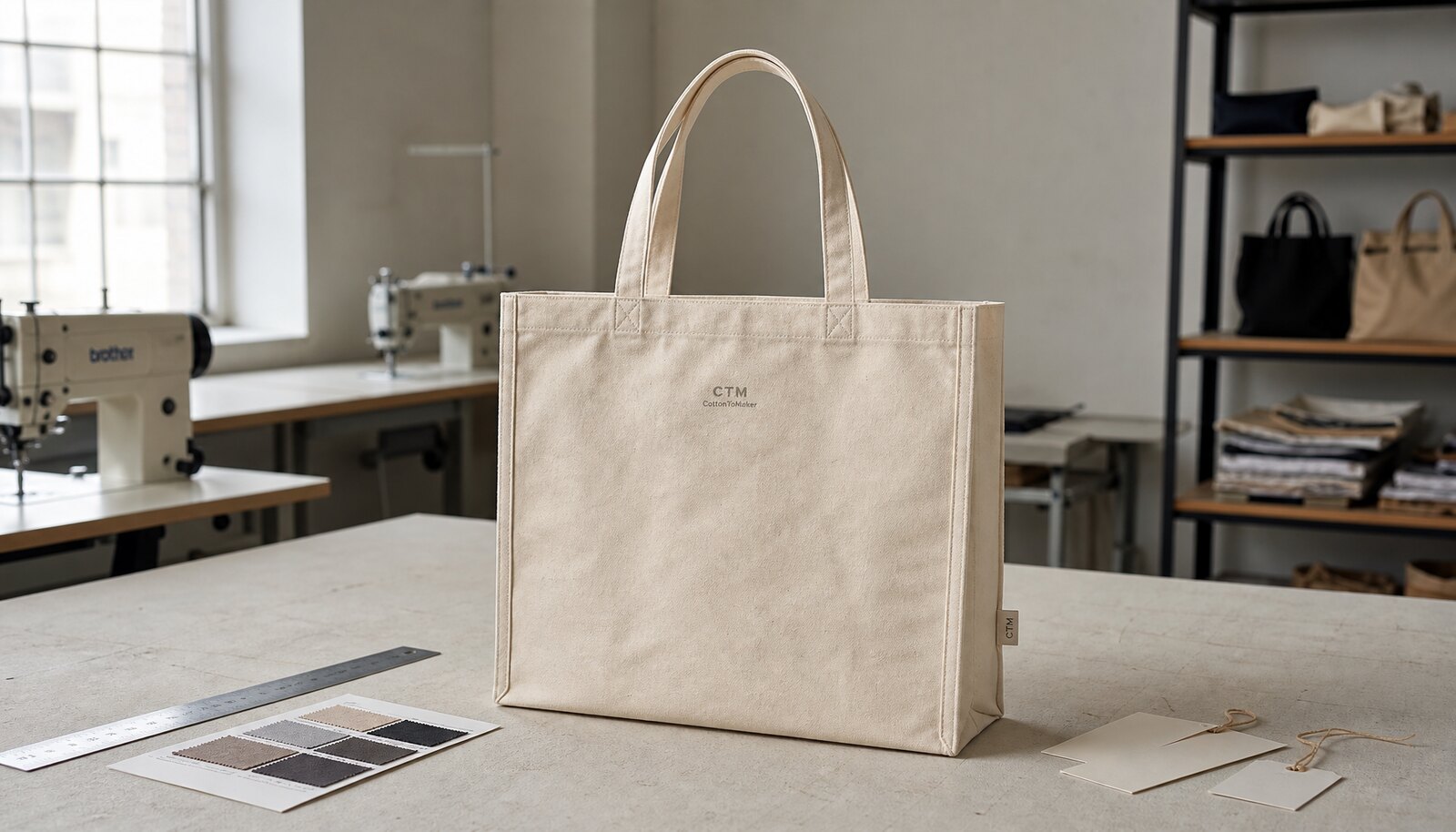 Photorealistic natural canvas exhibition tote bag sample with a small CTM label in a clean factory sample room