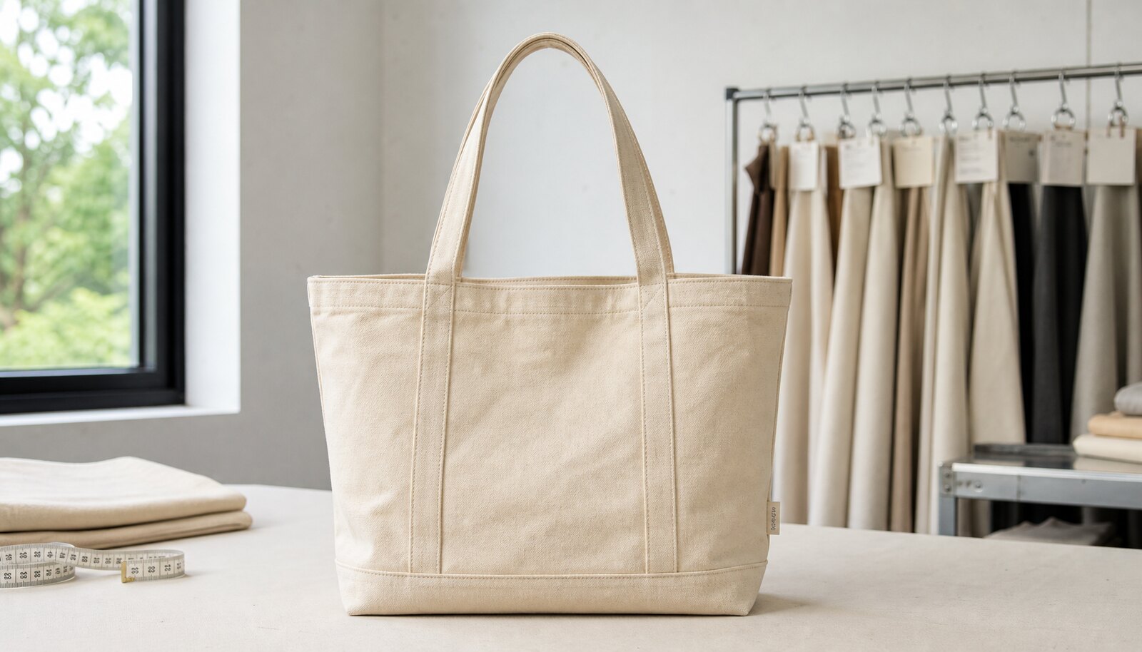 Canvas exhibition tote bag sample with a CottonToMaker CTM logo in a factory sample room