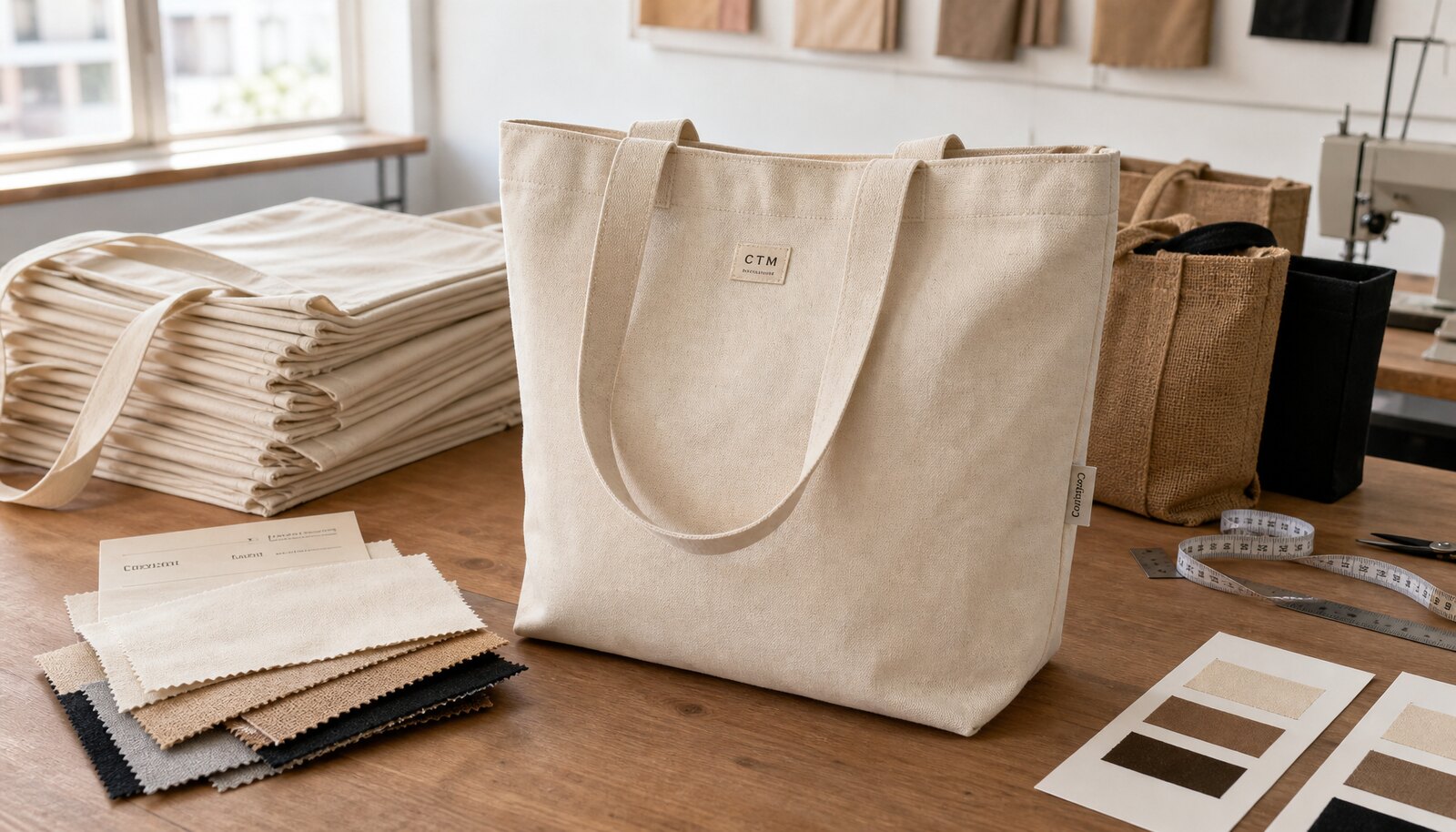 Natural canvas exhibition tote bags with a small CTM logo in a clean factory sample room