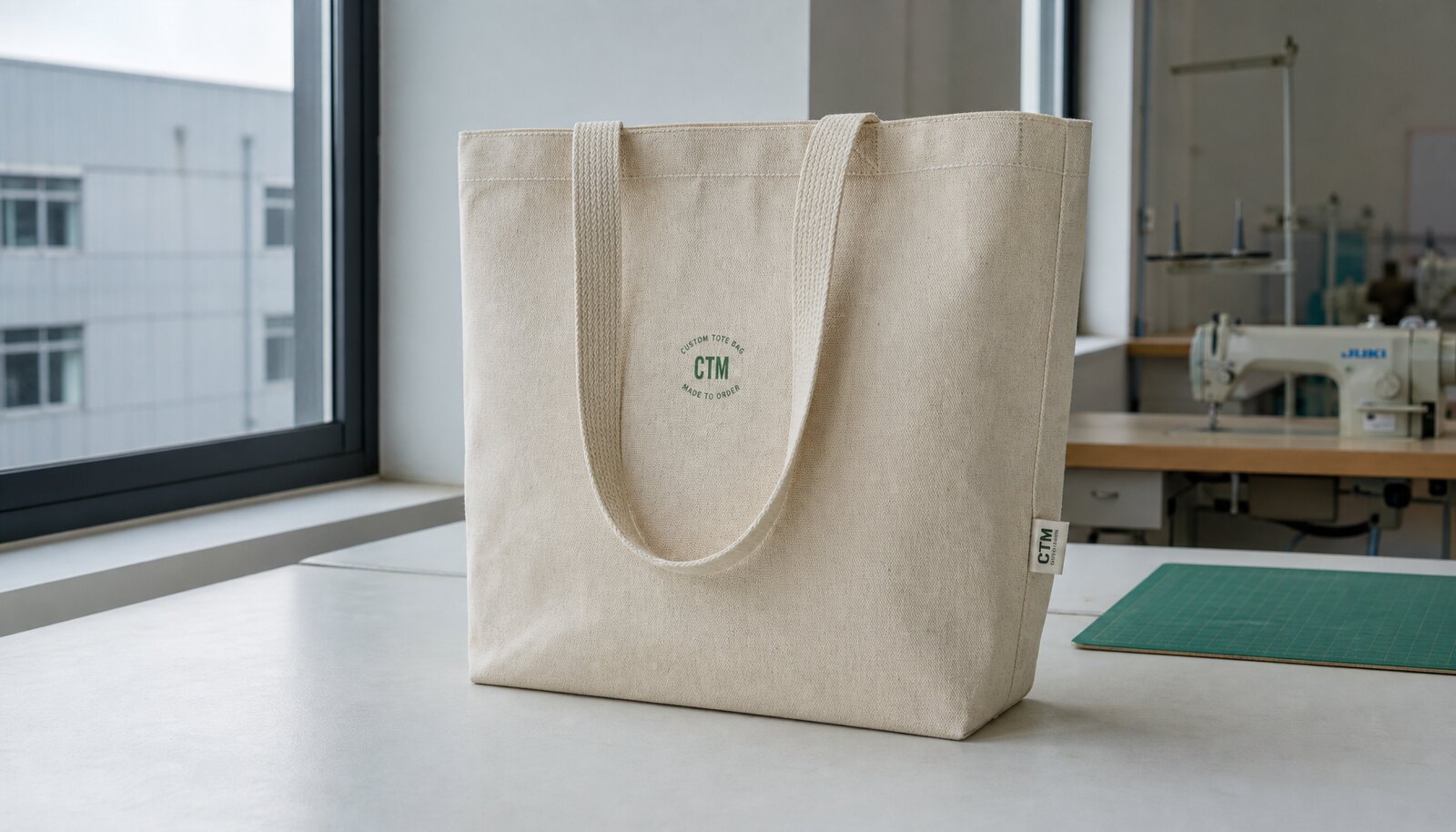 Natural canvas exhibition tote bag with a small CTM/CottonToMaker side label in a factory sample room