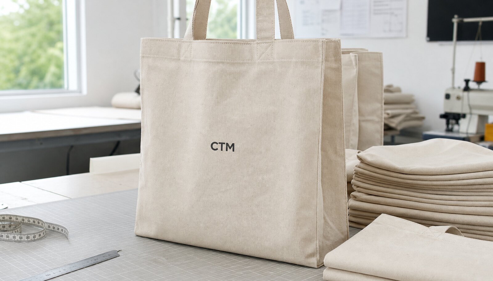 Natural canvas exhibition tote bag with a simple CTM logo printed on the front in a factory sample room