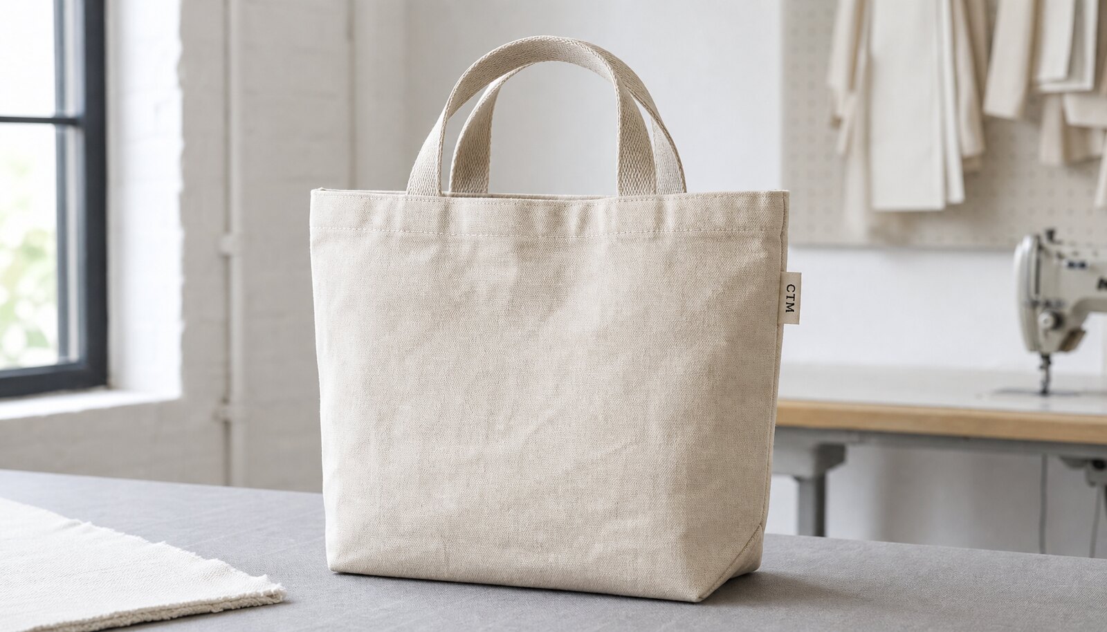 A natural canvas tote bag with a stitched CTM sample label shown in a factory sample room.