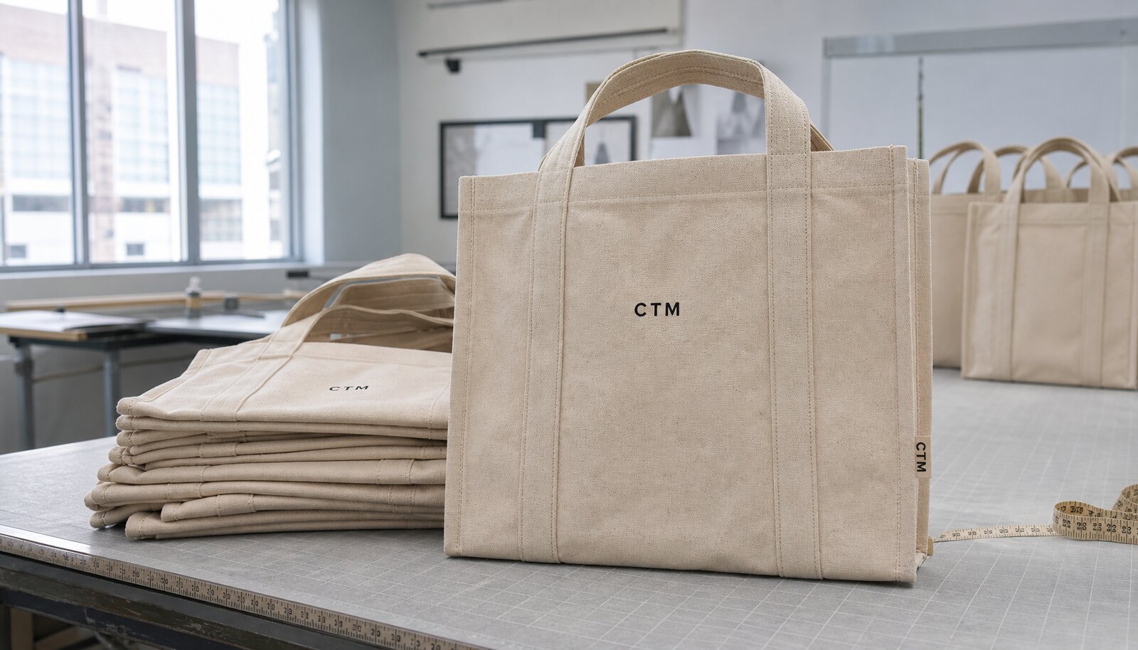 Canvas exhibition tote bags with a CTM sample logo in a factory sample room