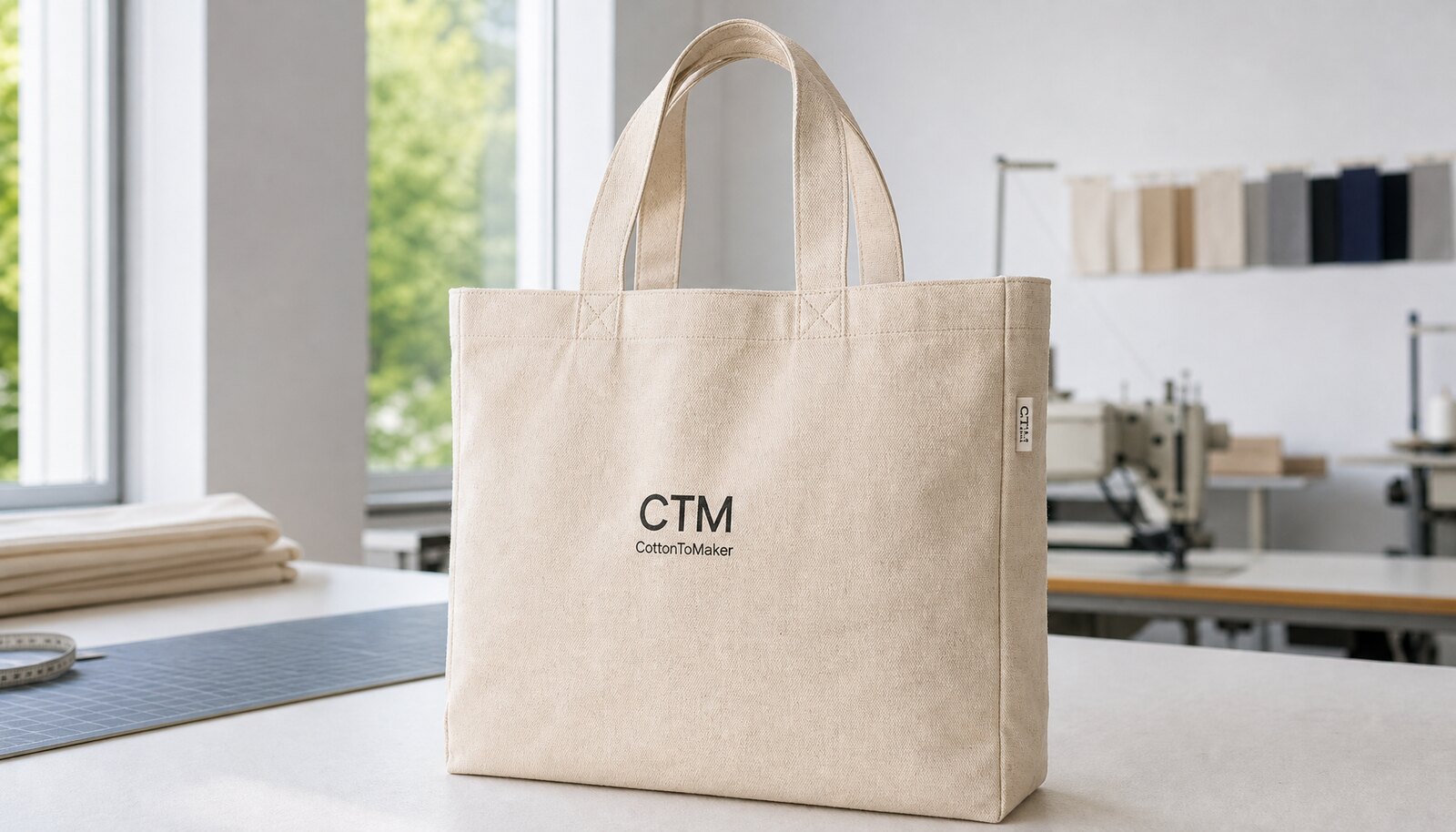 Photorealistic canvas tote bag with a simple CTM sample logo printed on the front in a factory sample room